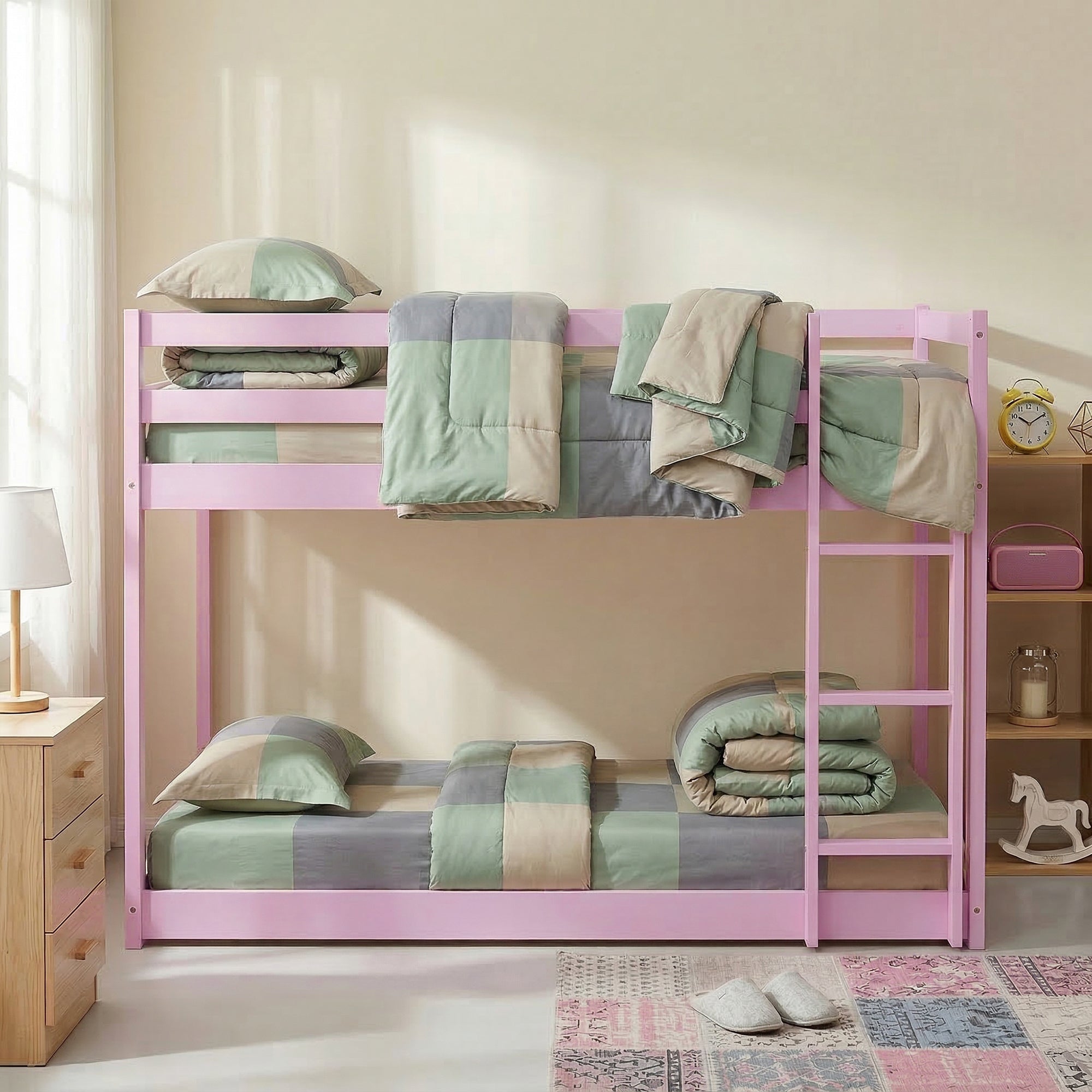 Vecelo - Twin Over Twin Pink Solid Wood Bunk Bed with Ladder and Safety Guardrail Space Saving Be...