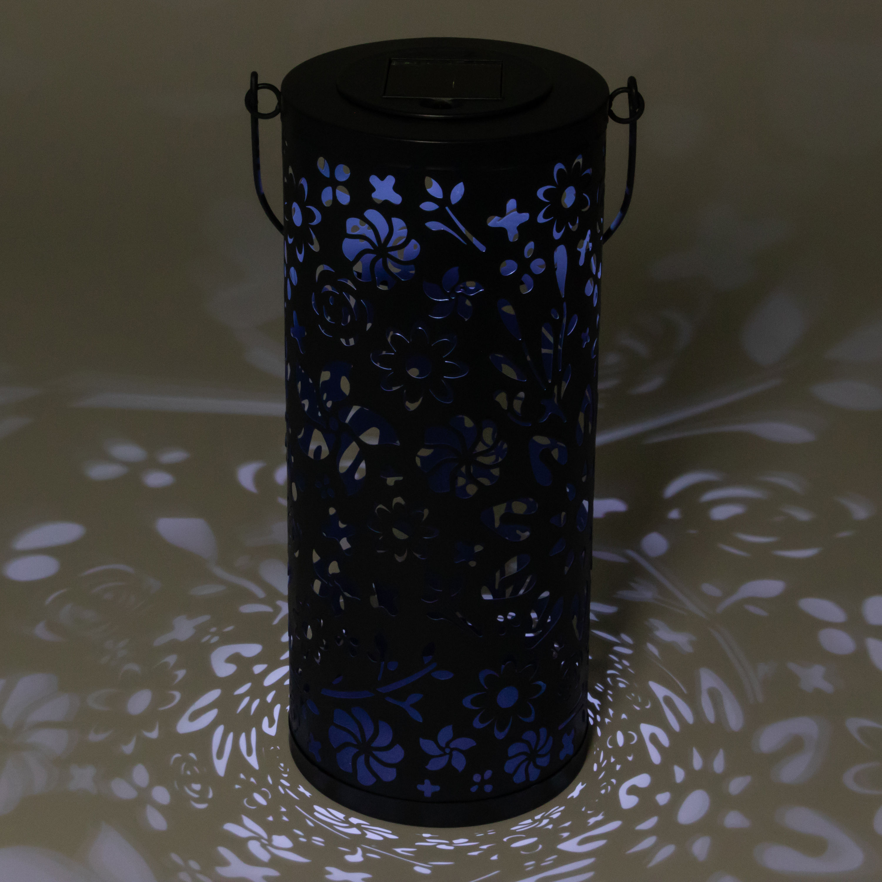 Midnight Blue Floral Punched Metal Solar Lantern