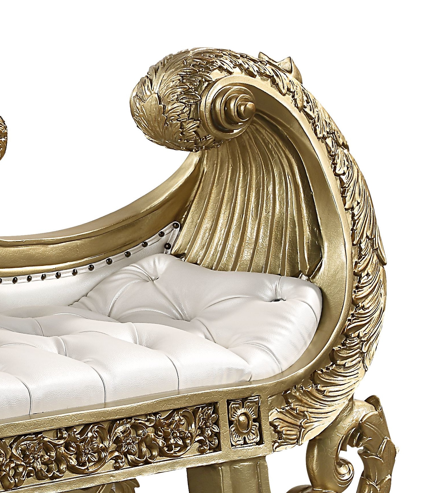 Bernadette White and Gold Synthetic Leather Bench with Intricate Scrollwork