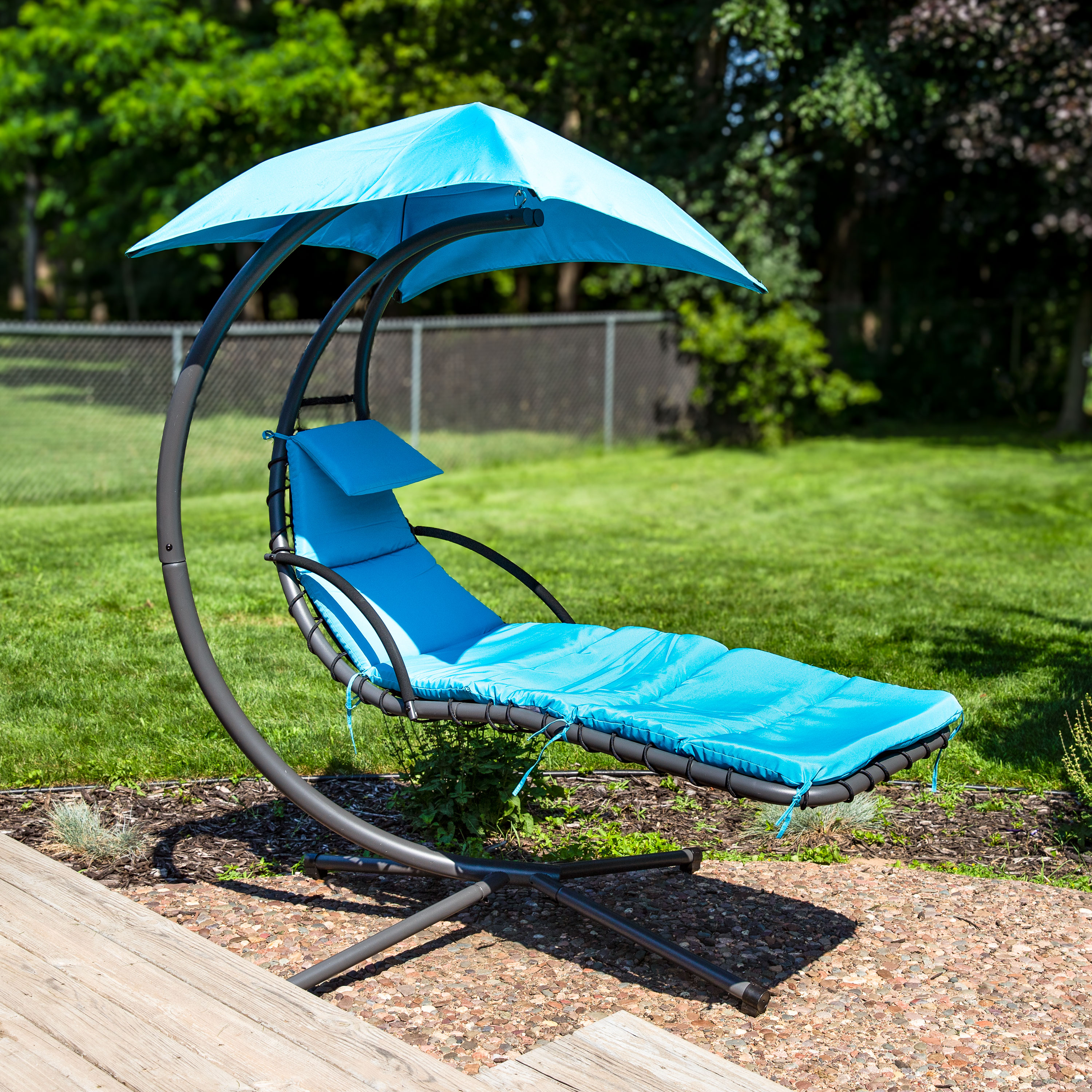 Teal Floating Chaise Lounge Chair with Canopy and Cushions