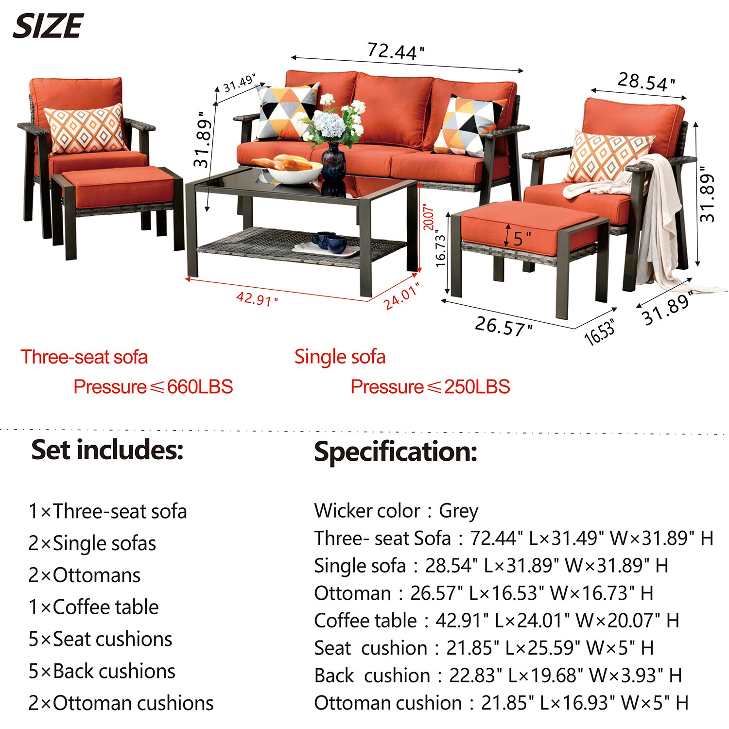 XIZZI Taurus 6-Piece Wicker Patio Conversation Set with Orange Cushions