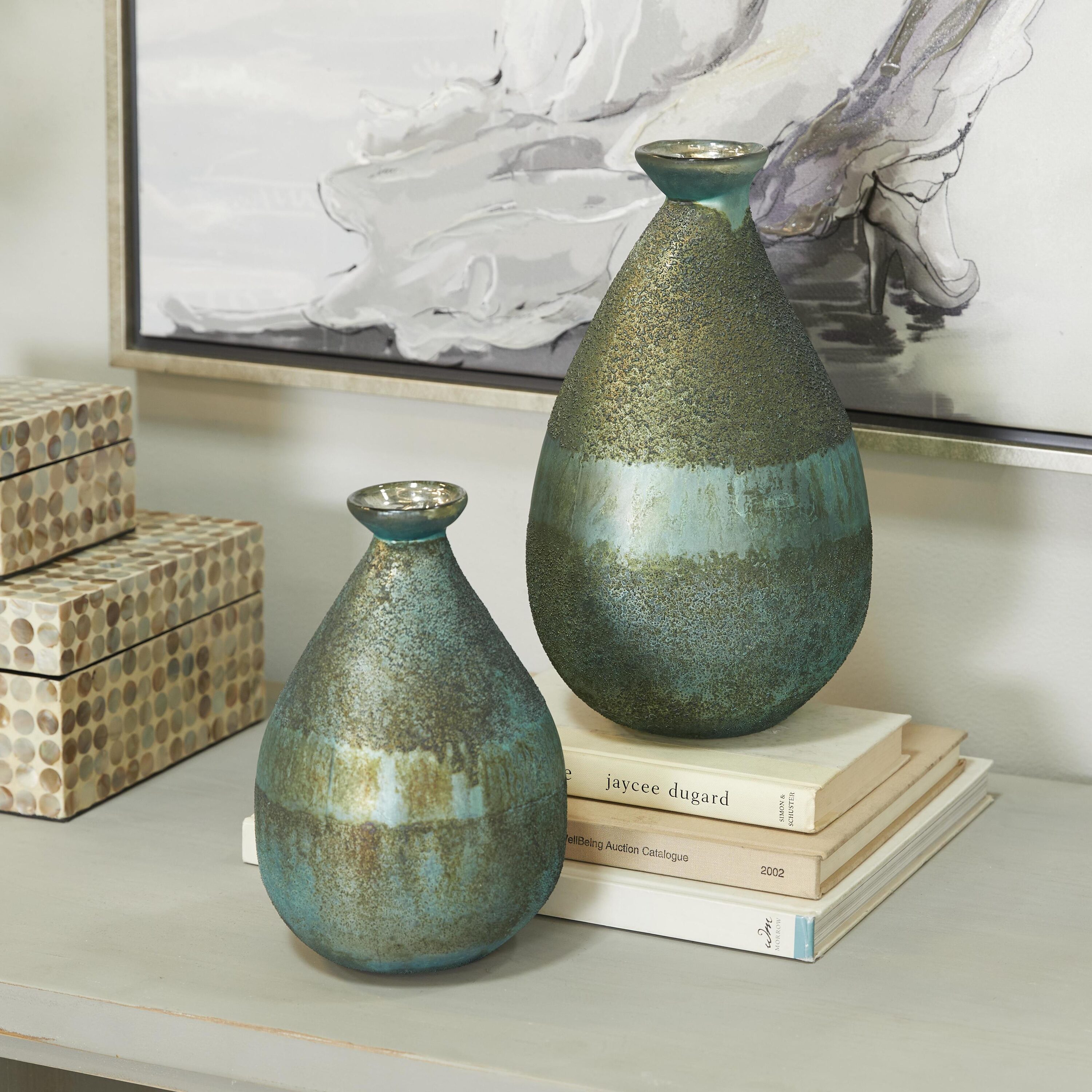 Elegant Green Blown Glass Bouquet Vases 7.3" x 12.25" - Set of 2