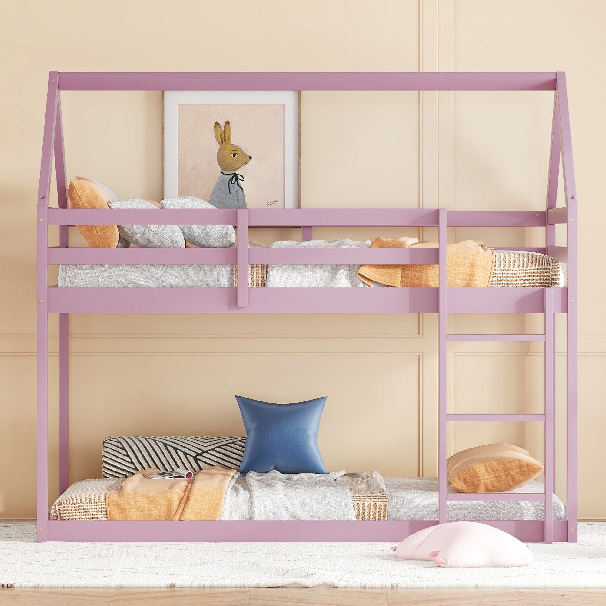 LOVMOR SF-M-W504P206867 Twin over Twin Rubber Wood Floor Bunk Bed with ladder Guardrails HouseShapedBunk Bed Pink
