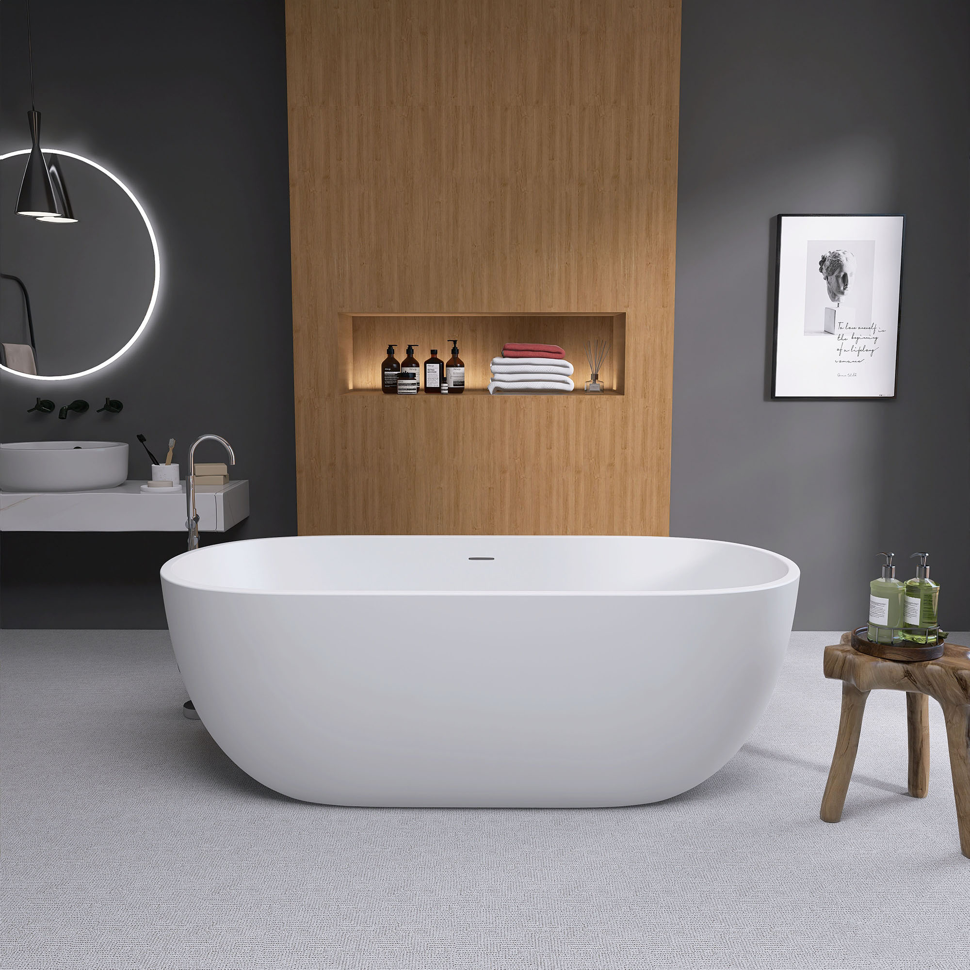 CASAINC CA263YKL 29.5-Inches x 65-Inches Gloss White Acrylic Oval Freestanding Soaking bathtub Drain ( Center Drain )