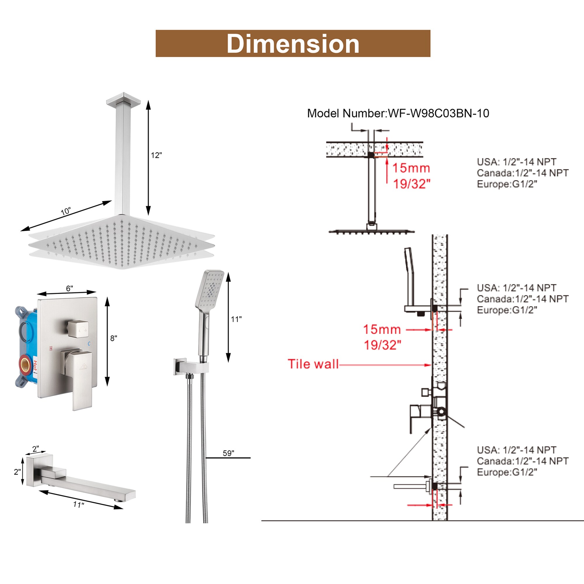 Clihome CL-024ORB-SL Showerhead-Bar-Panels - View #2
