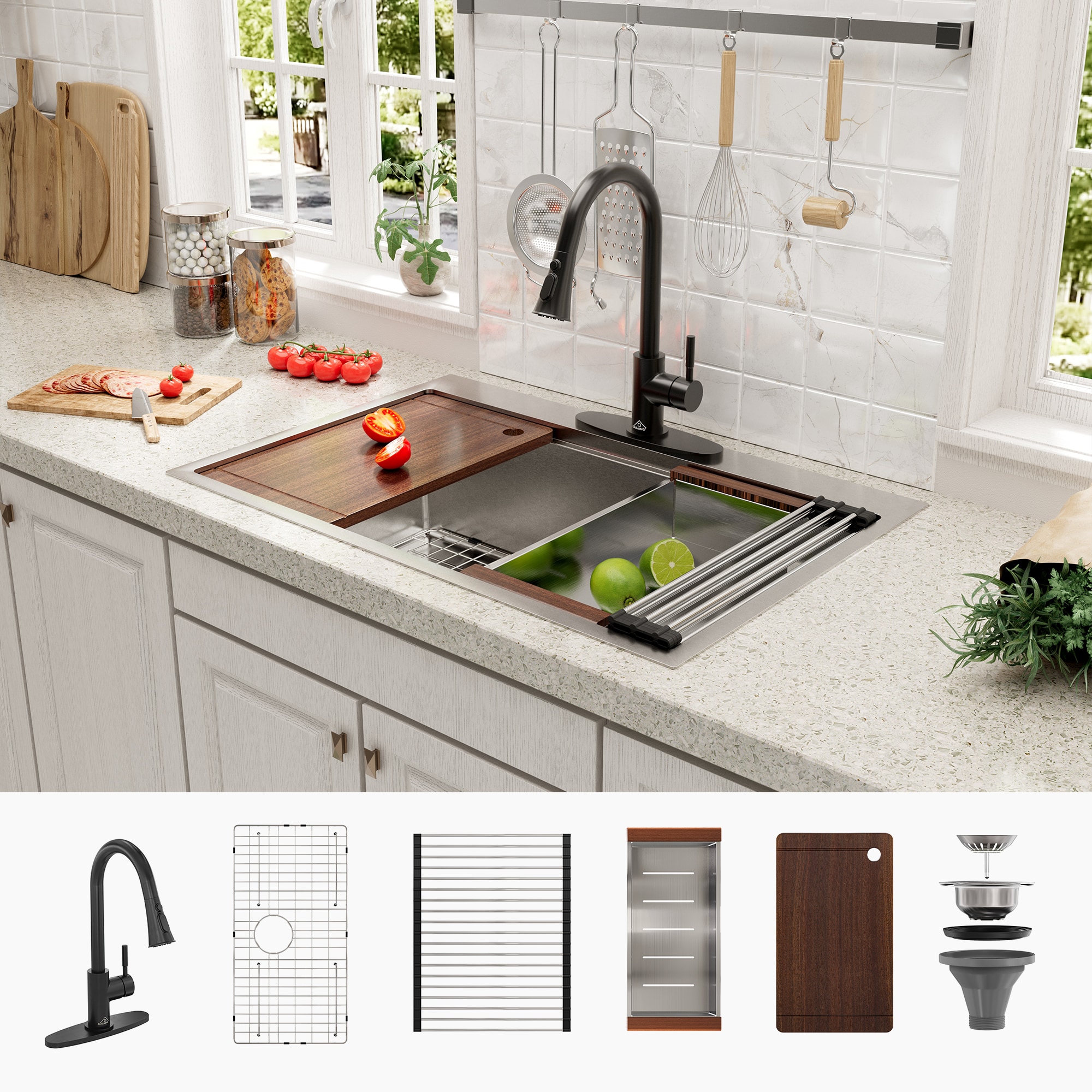 CASAINC CAKE07016S33M11 Drop-in 33-in x 22-in Stainless steel Single bowl 18 -Gauge Workstation Kitchen Sink All-in-One Kit with Drainboard