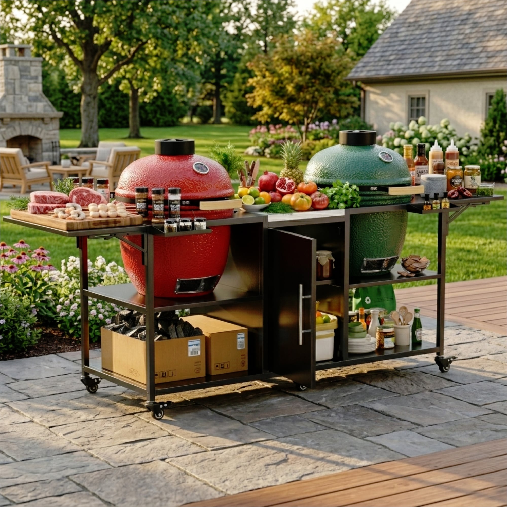 Vynxaria - Heavy Duty Metal Grill Cart with Stainless Steel Top Mobile Storage for 18" Large Big ...