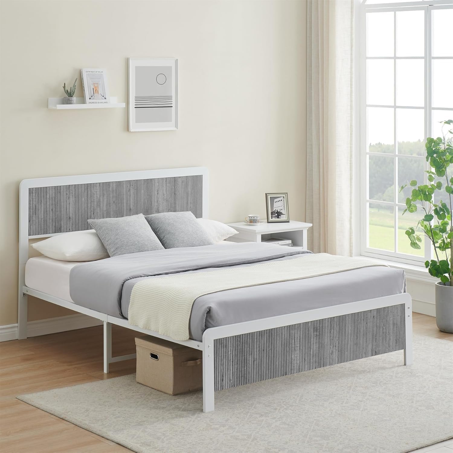 Qeetex LHF-BED-PHO-0YMT5IFJ Full Size Bed Frame with Wave Wood Headboard Full Platform Bed Frame with Safe Rounded Corners and Under Bed Storage Strong Metal Slats Support No Box Spring Needed Grey