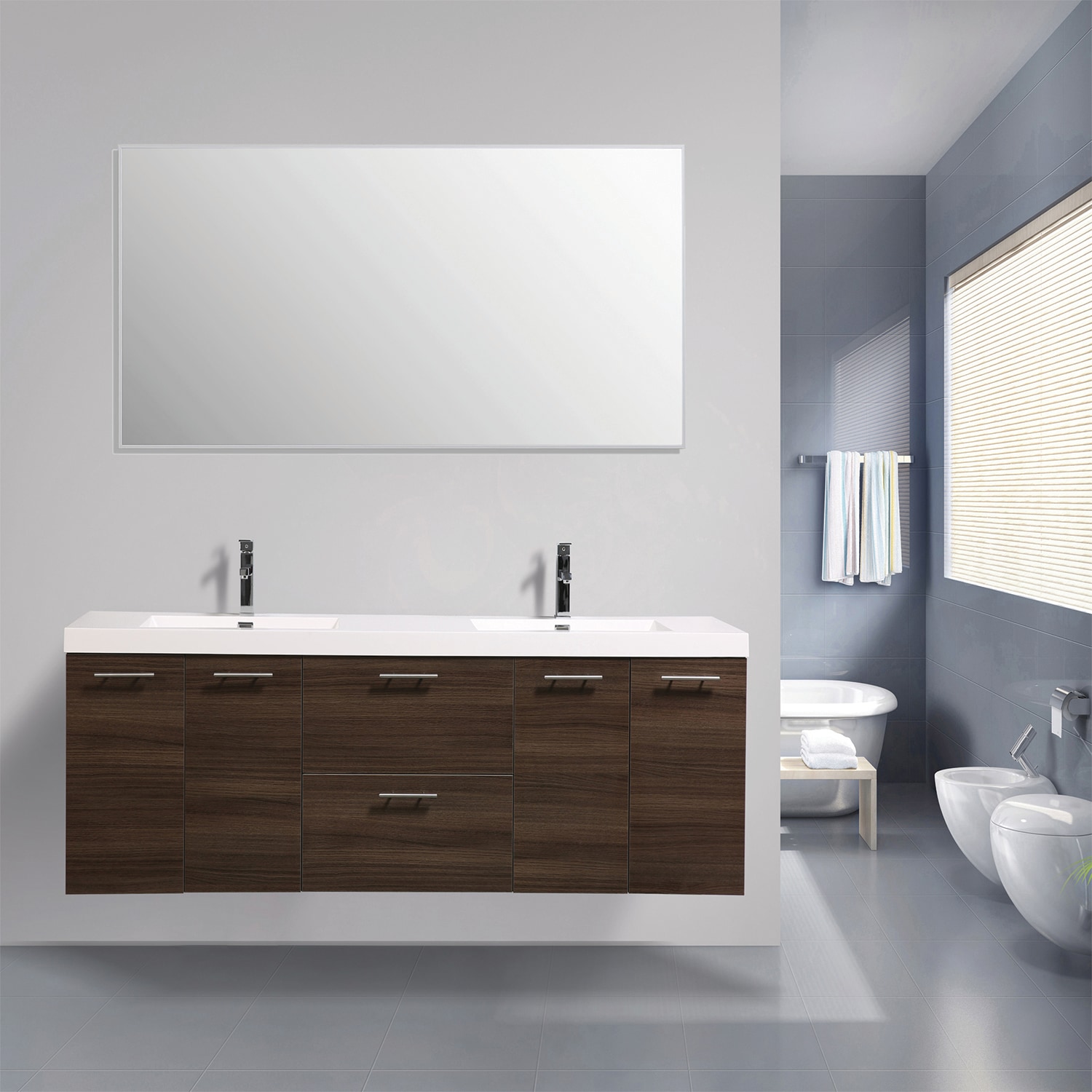 84-in Gray Oak Double Sink Floating Bathroom Vanity with White Acrylic Top | - Eviva EVVN2100-84GOK-DS
