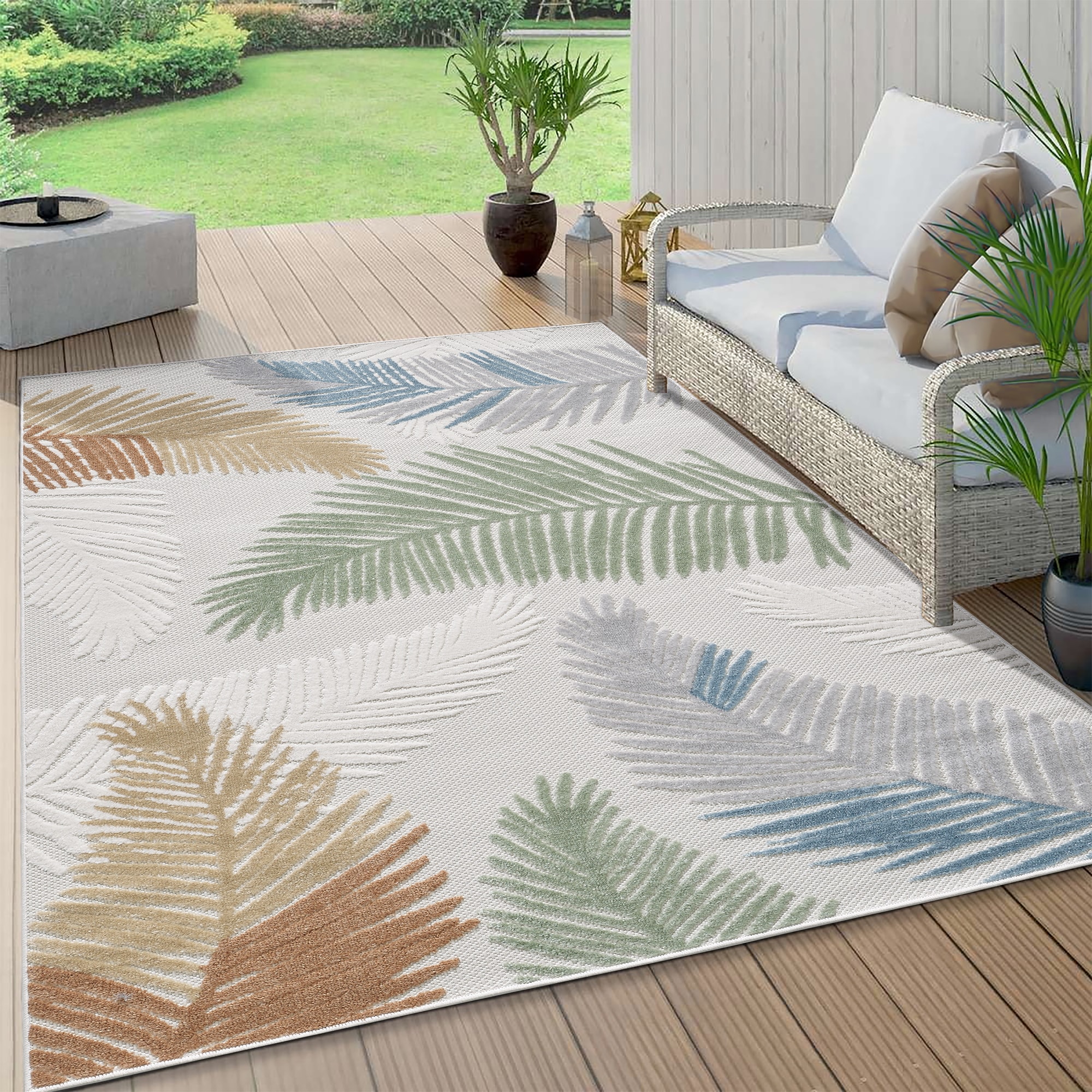 Maxax TO5003 Deco Oasis 5 x 7 (ft) Flatweave Polypropylene Natural Rectangular Indoor/Outdoor Floral/Botanical French Country Machine washable Area rug