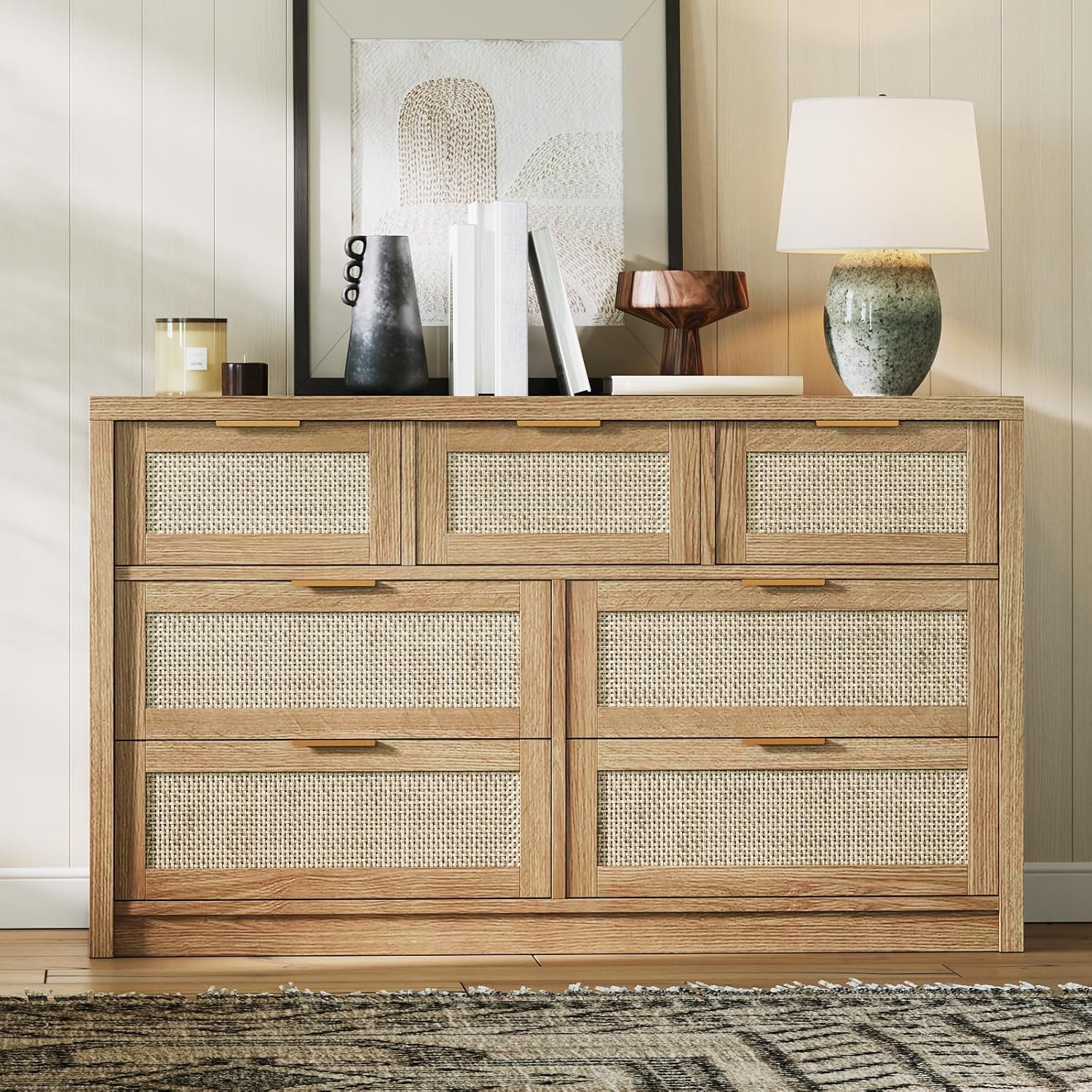 GAOMON Light Wood Rattan Seven Drawer Dresser Wide Chest with Gold Handles Farmhouse TV Stand Storage for Living Room Hallway in the TV Stands department at
