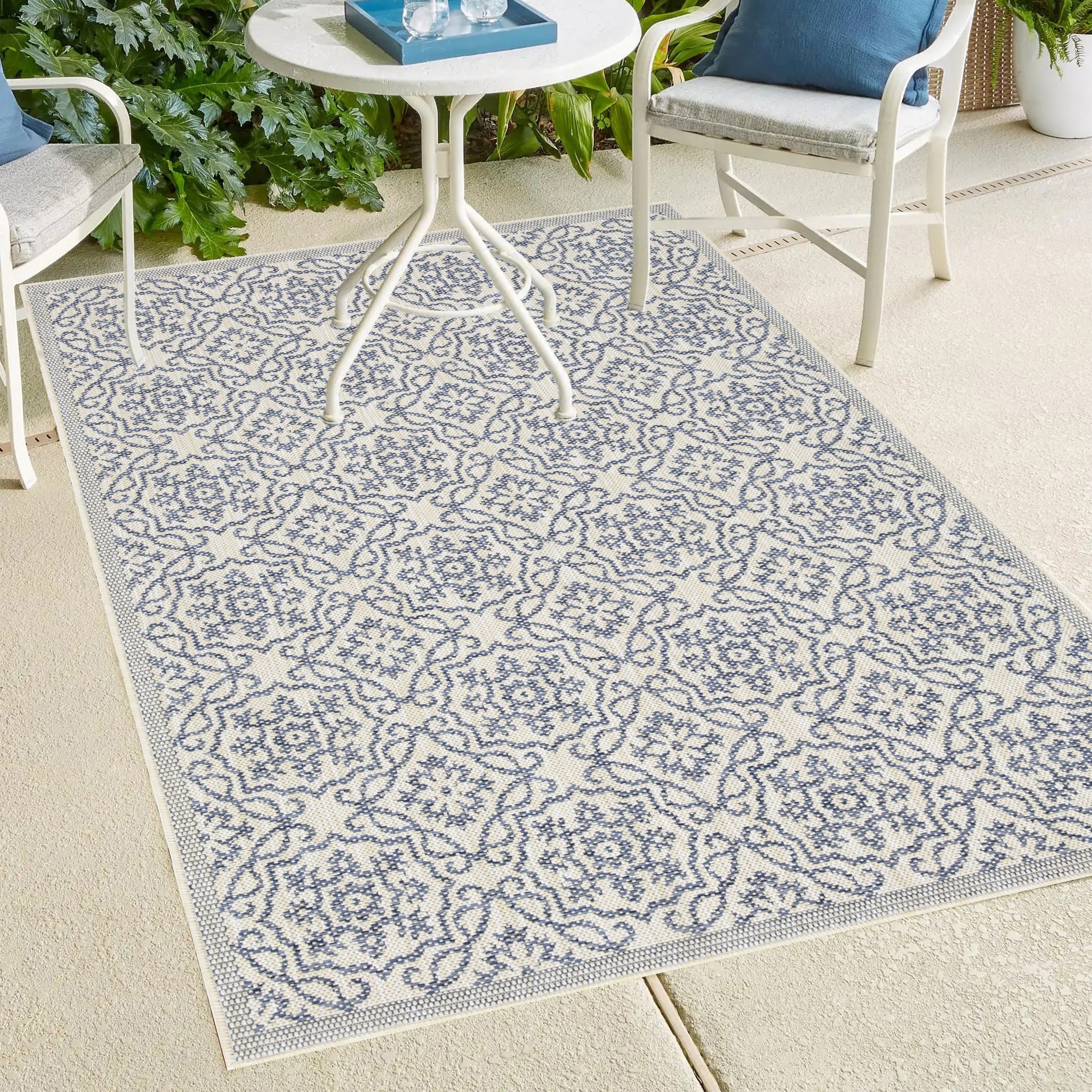 Playa Rug PLY-ELZ-BLUE-5X8 5 x 8 (ft) Sisal Eliza-Blue Ivory Rectangular Indoor/Outdoor Damask Area rug