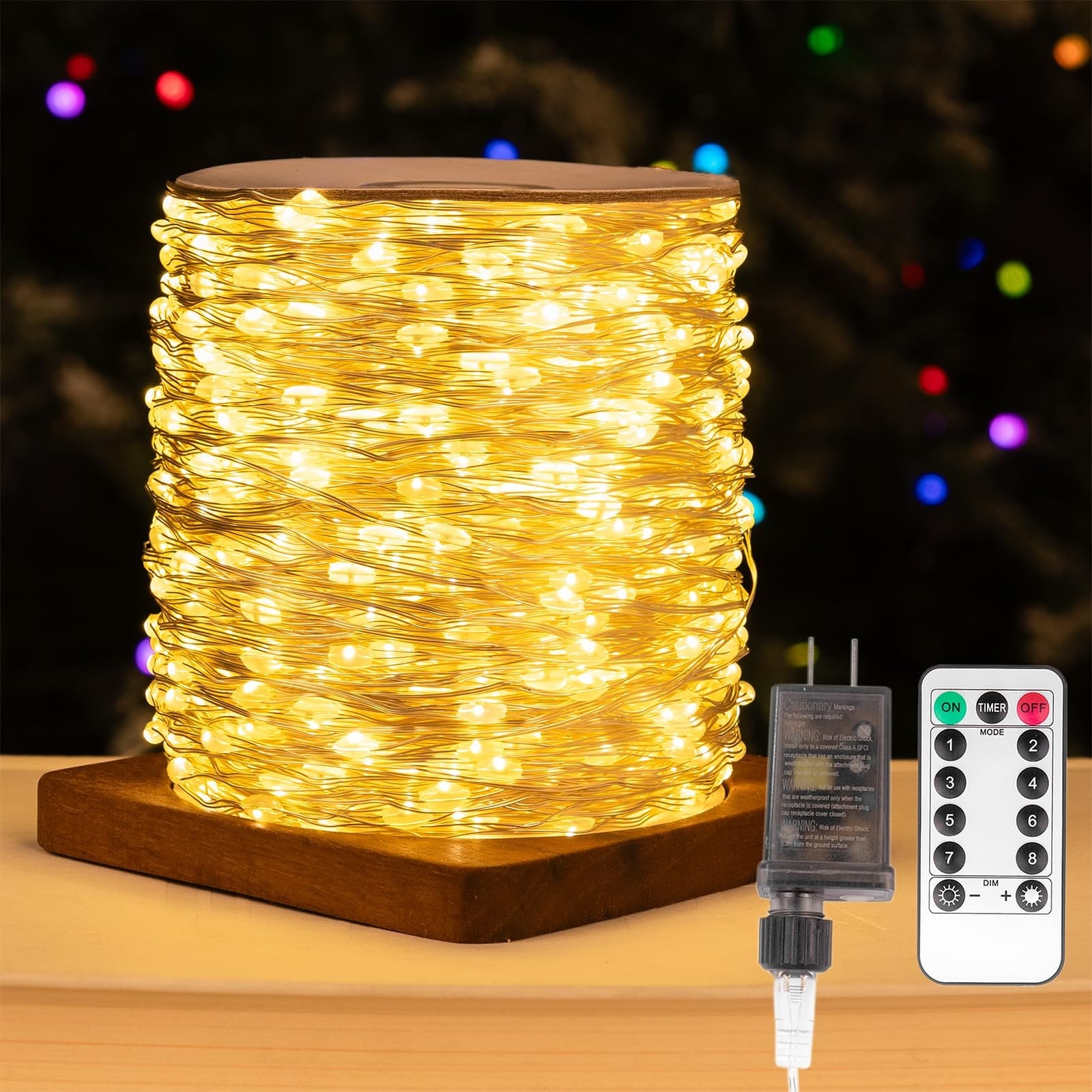 Vrbgify  100FT 300LED Warm White Plug In Fairy String Lights Waterproof Remote Control 8 Modes Flexible Silver Wire for Indoor Outdoor Christmas