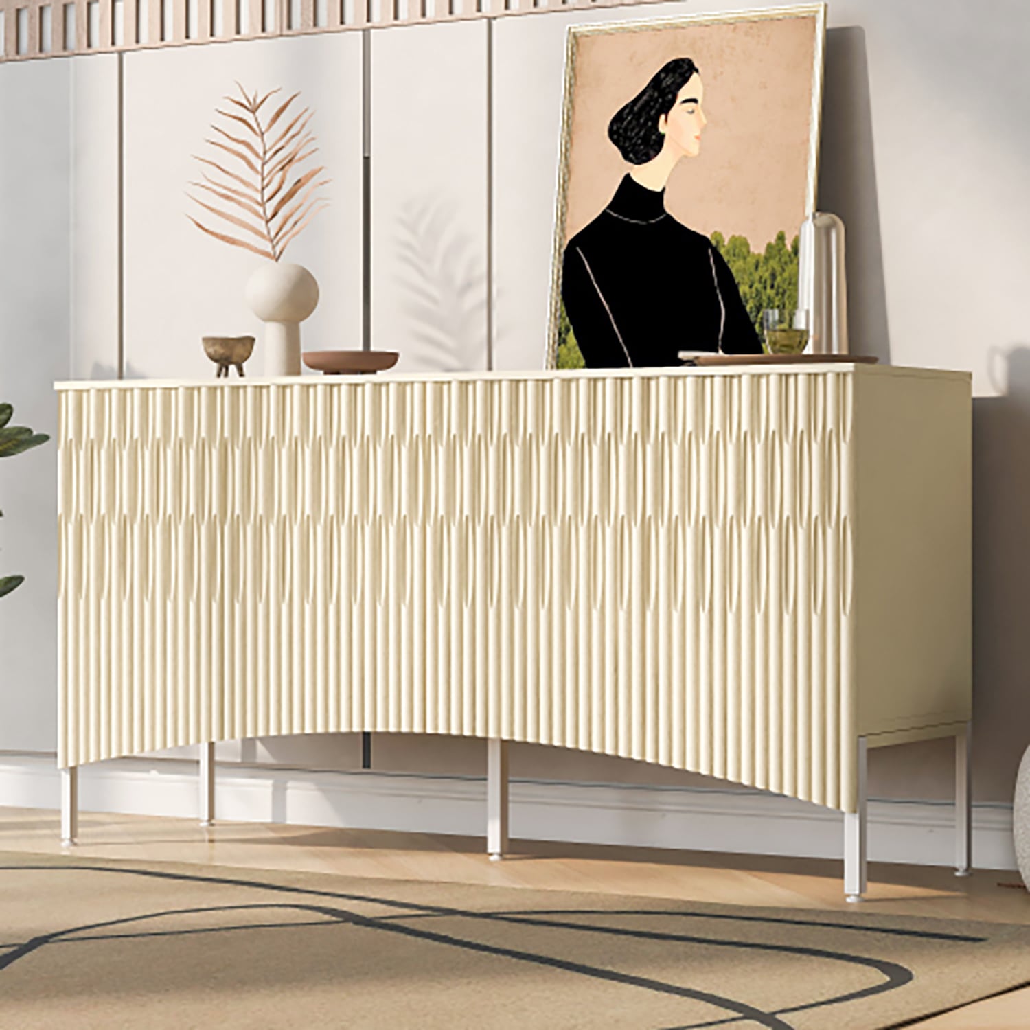 GZMR Elegant Sideboard Featuring Curved Bottom Doors 15.7 W x 31.5 H MDF Beige Freestanding Utility Storage Cabinet #GZ-US2404K