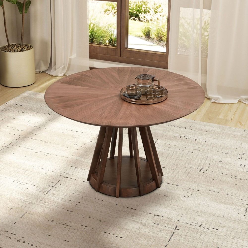 Coolbibila HALO-TABLE-WALNUT Modern Round Dining Table with Walnut MDF Veneer Top and Solid Wood Base for Kitchen or Dining Room