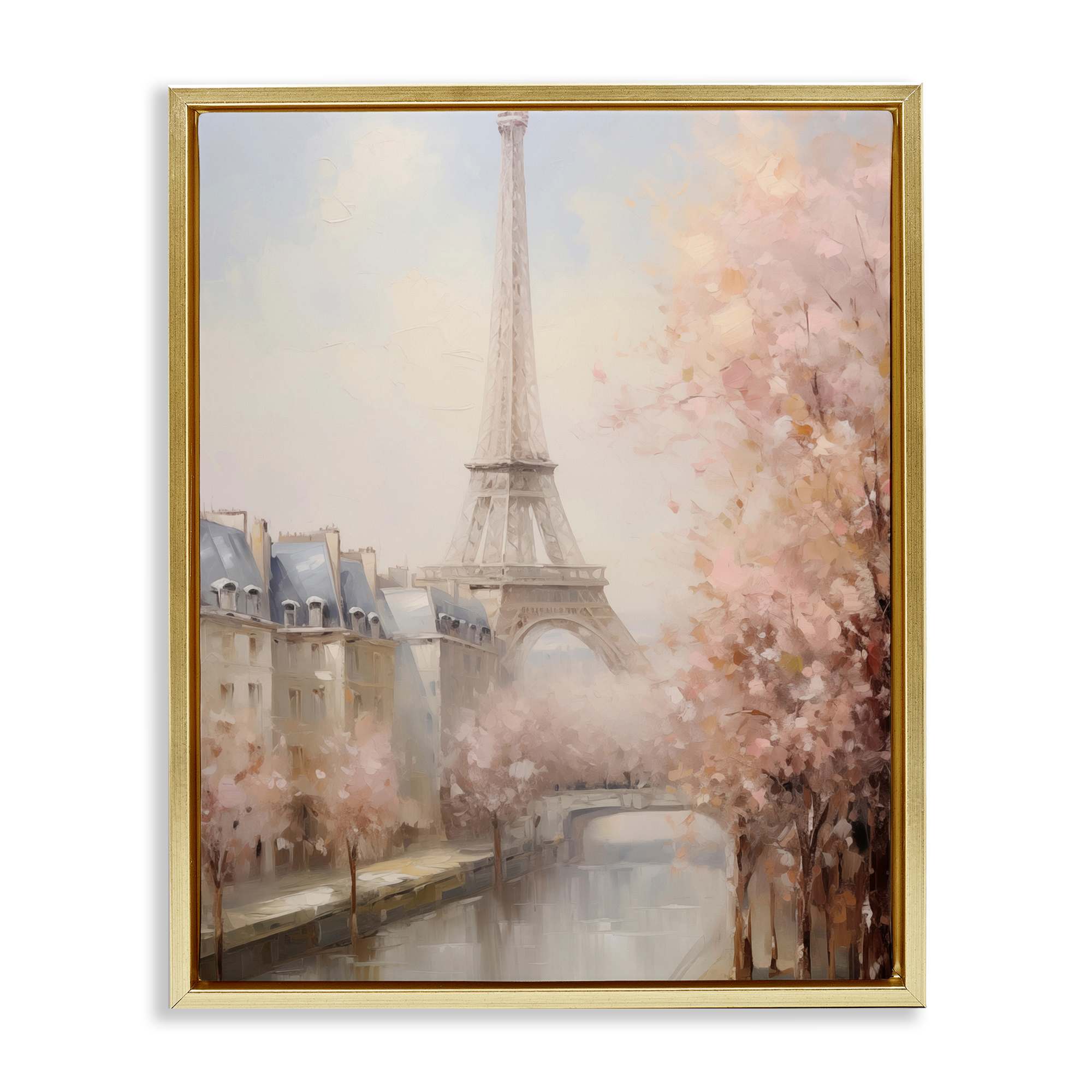 Stupell Industries BT-626-FFG-24X30 Soft Eiffel Tower River View Gold Framed Floater Canvas Wall Art By Arlington Prints 25 x 31