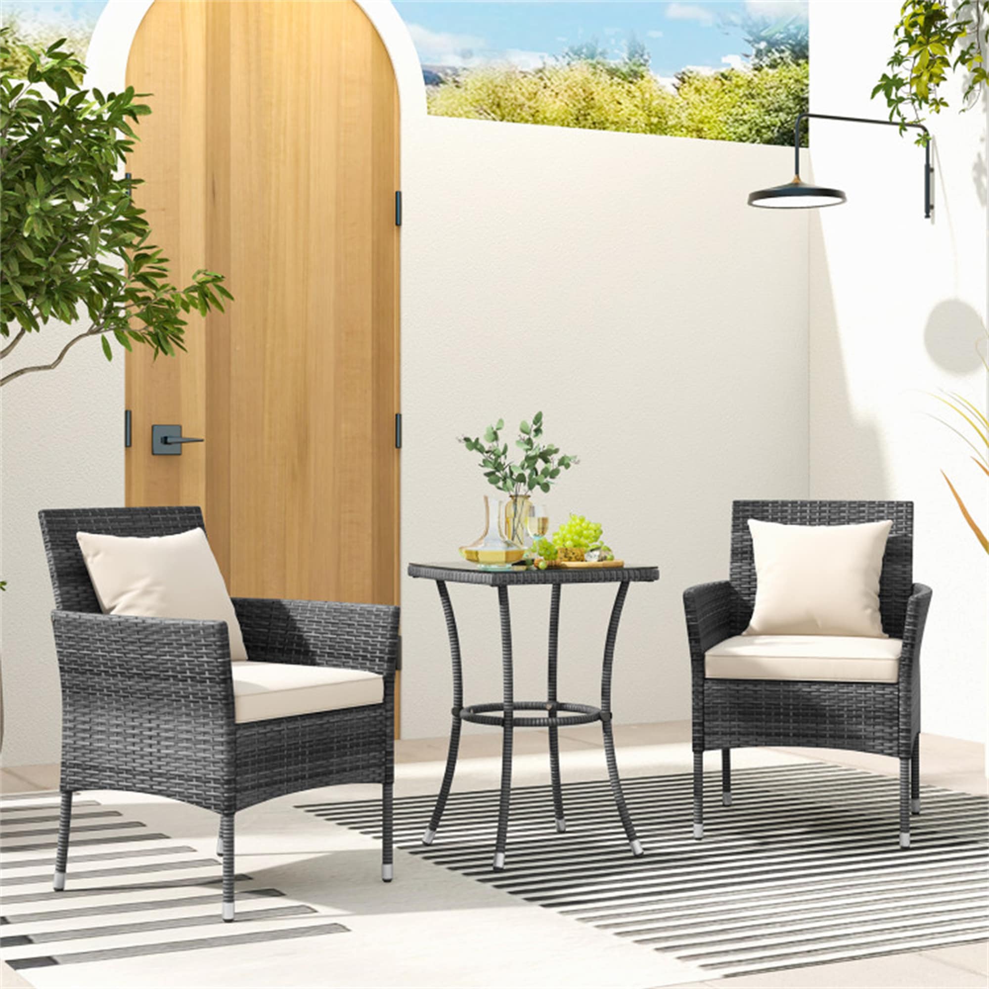 BABOOM BOM-70957WH-OR Patio Furniture Set 3 -Piece Rattan Patio Conversation Set with Off-white Polyester Cushions