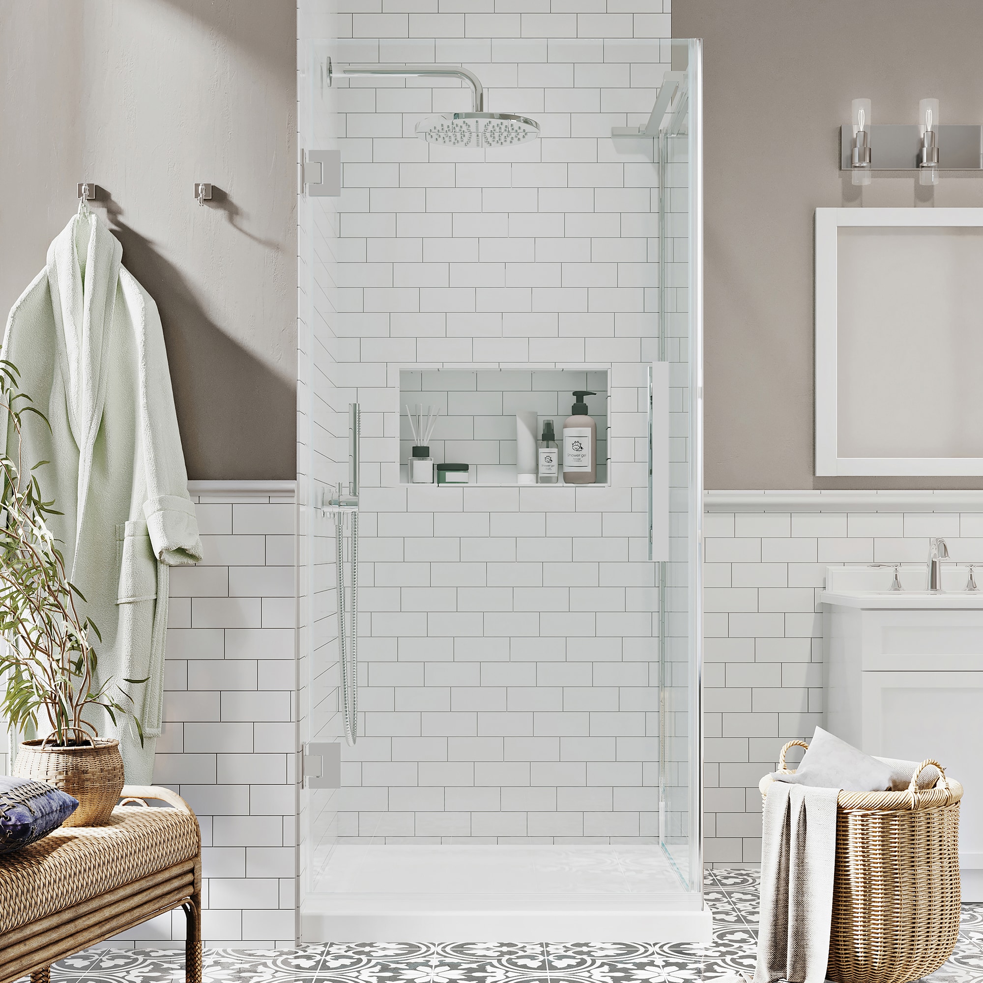 OVE Decors 828796051903 Tampa-Pro 32-in W x 32-in L x 75-in H Rectangular Corner shower kit ( Center Drain) Base and Door Included Chrome Hardware Included