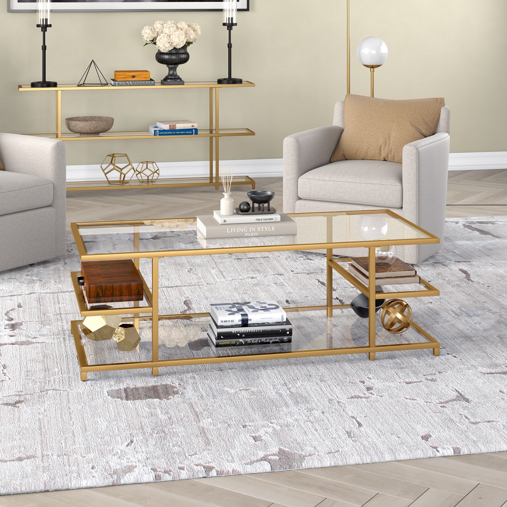 Greenwich 54'' Brass and Glass Modern Coffee Table