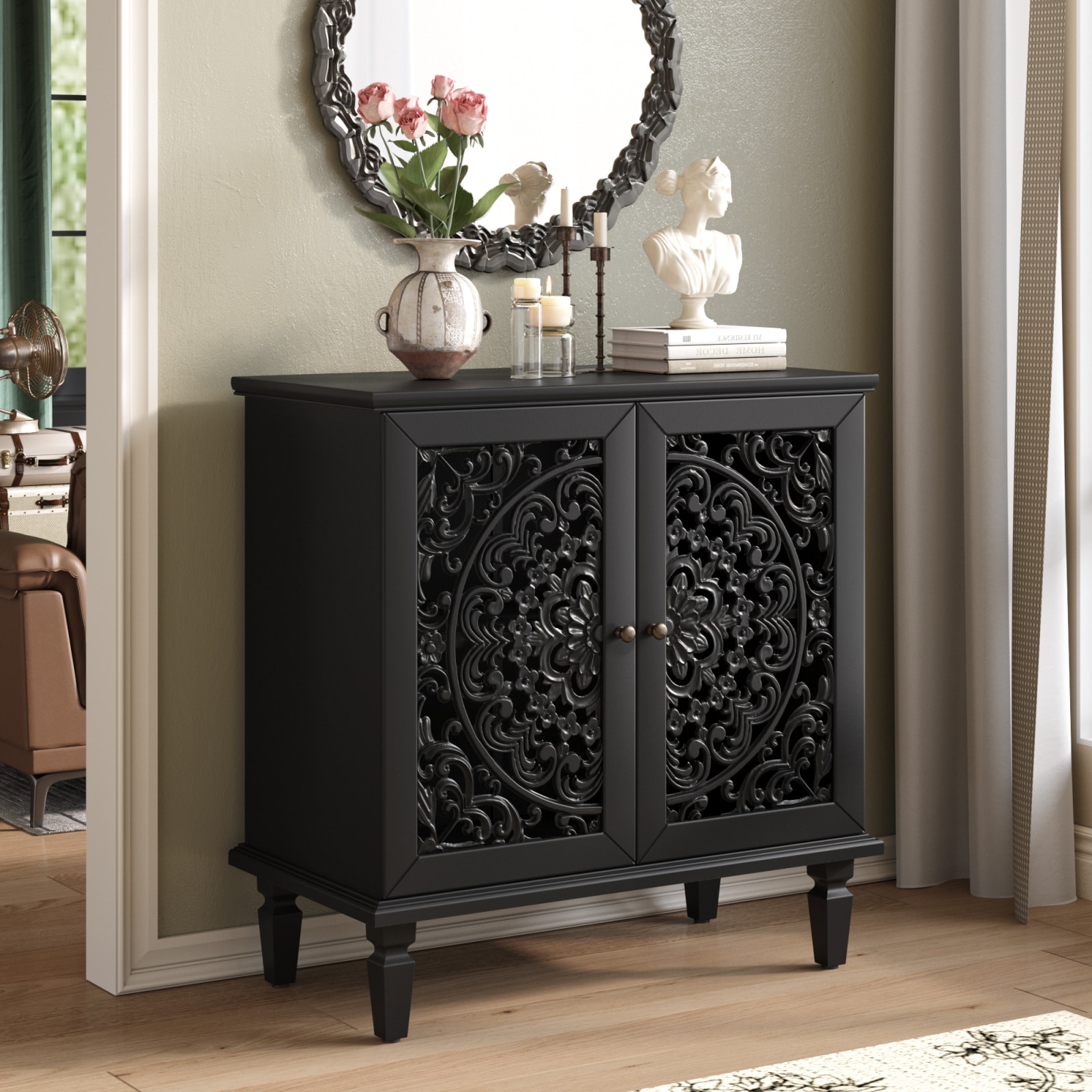 CHITA Modern Solid Wood Sideboard Cabinet with 2 Doors Adjustable Shelves for Living Room Dining Room Entryway and Display Storage Black