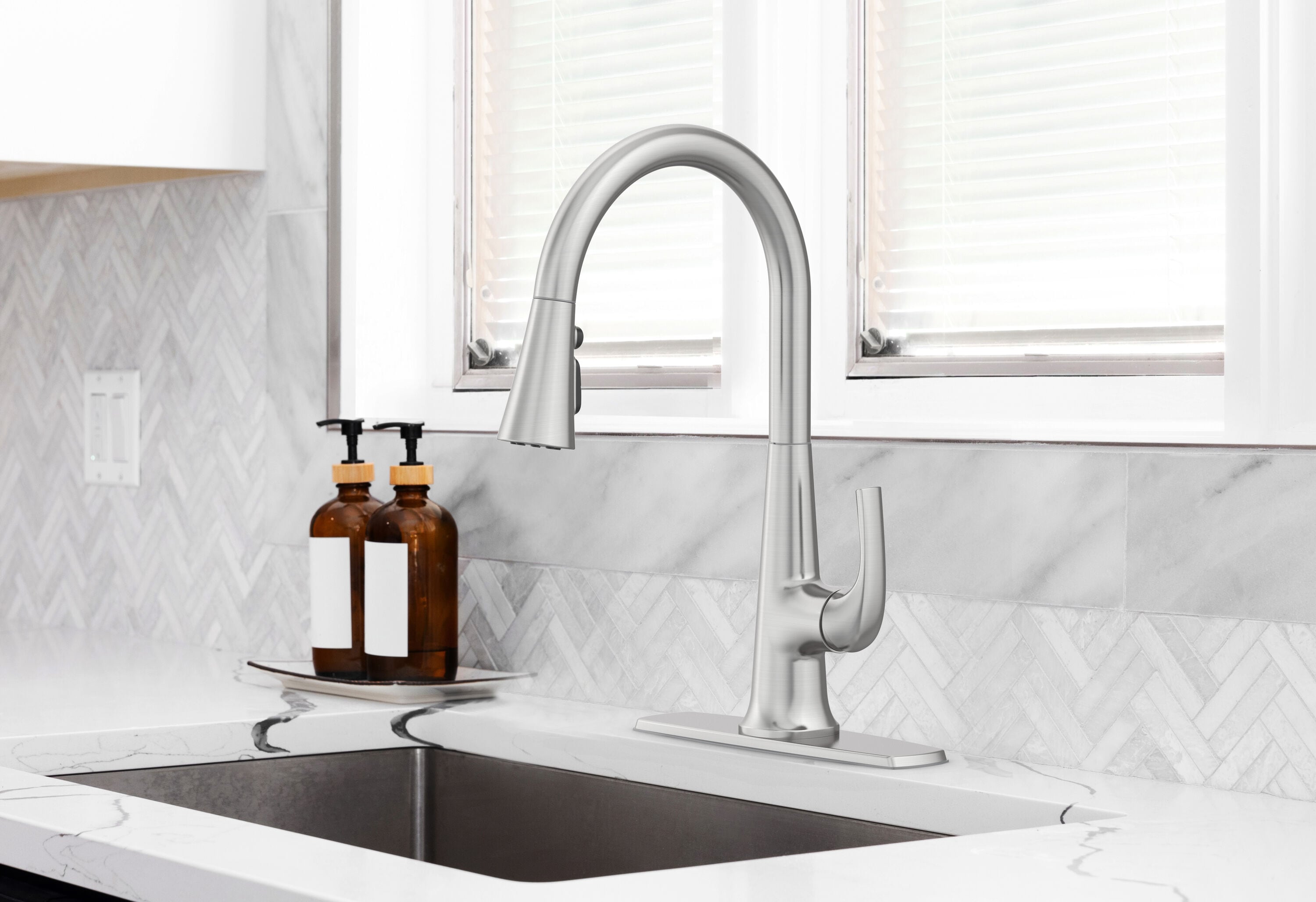 allen + roth 67894W-160802 Brushed Nickel Single Handle Deck-mount Kitchen Faucet ( Deck Plate Included )