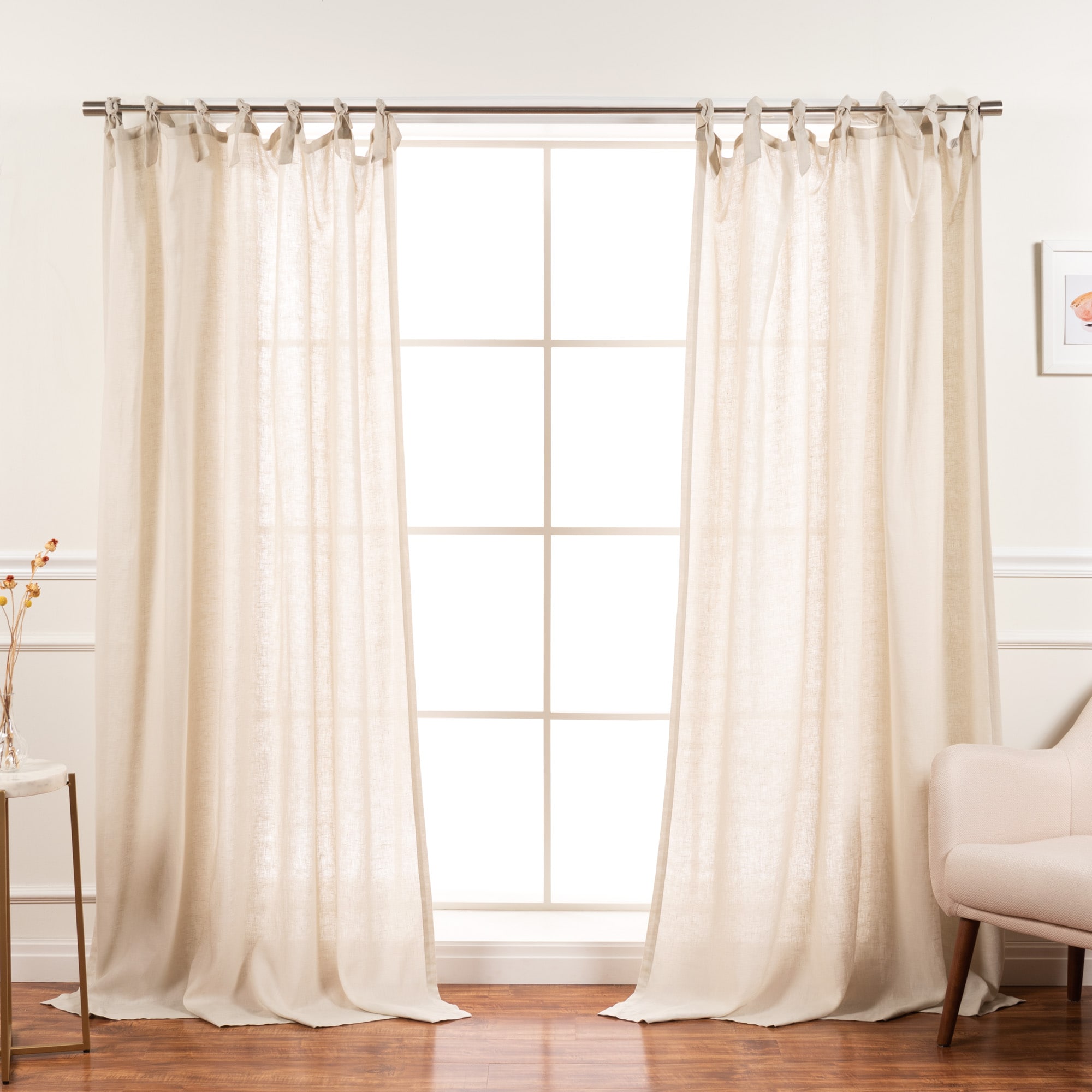 Best Home Fashion YK-02-TIE-LN-84-NATU 84-Inches Natural Semi-sheer Top tab Curtain panel pair