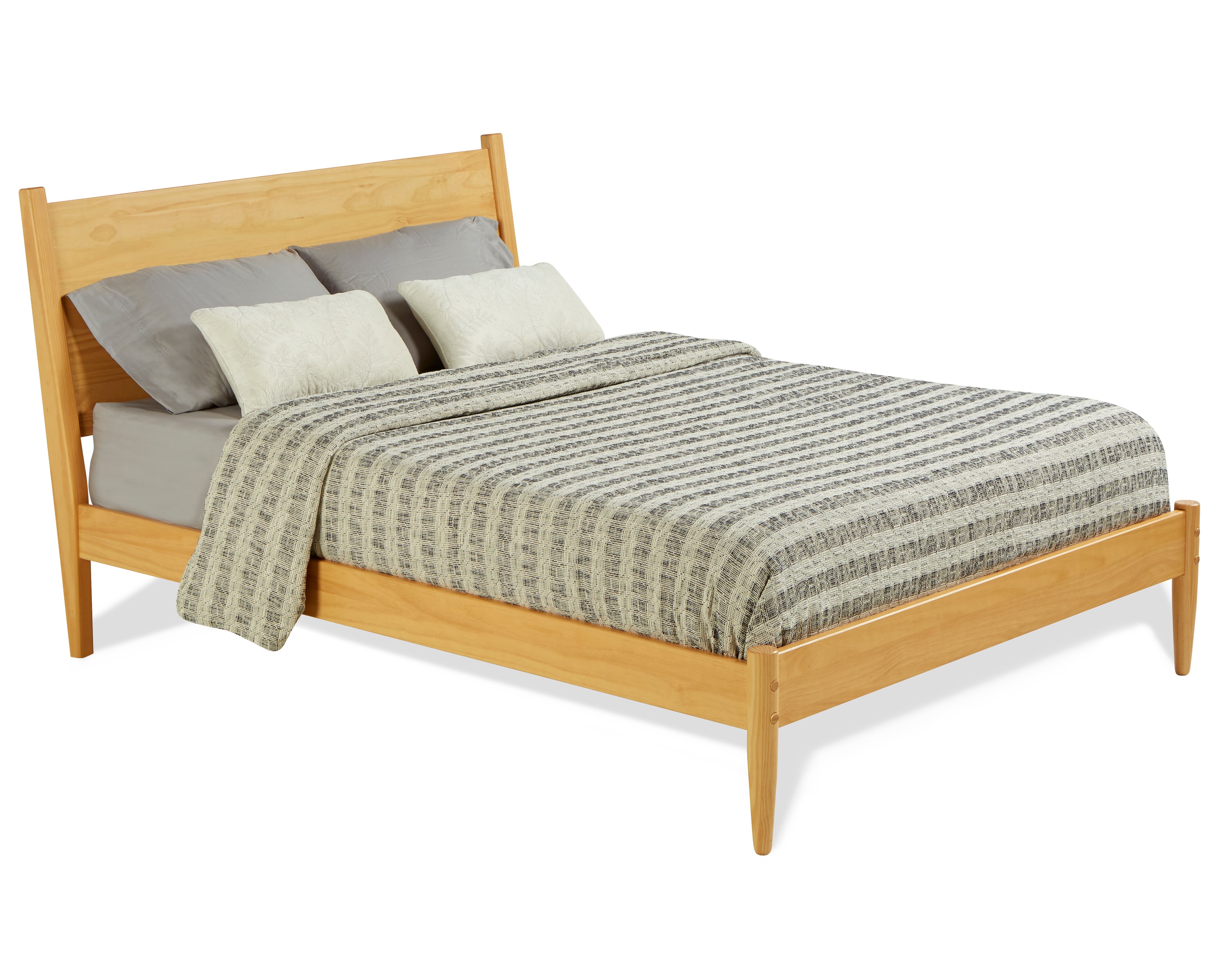 Scandinavian Oak Full Panel Mid-Century Modern Bed with Pine Frame