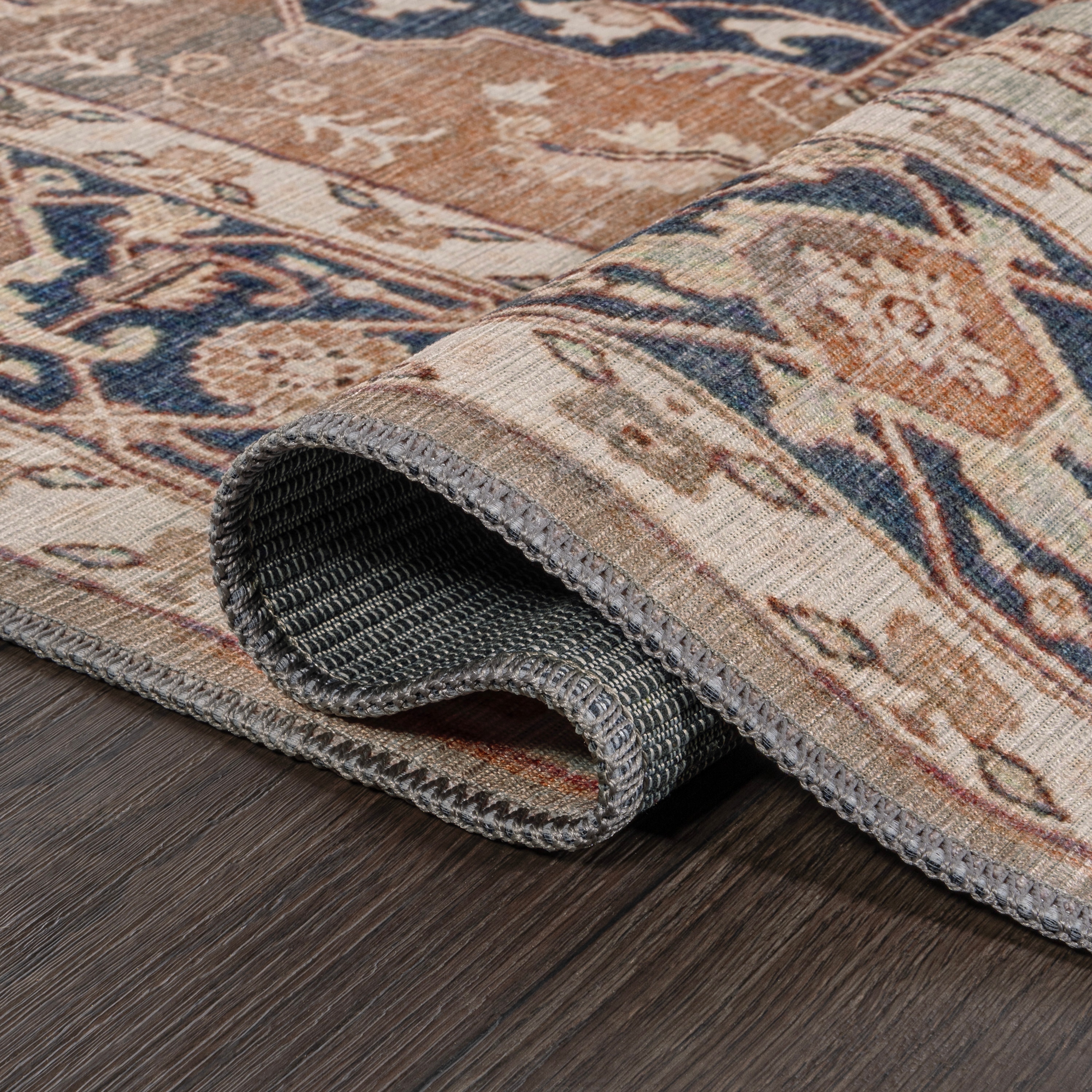 Maris Ornate Medallion Machine-Washable Beige and Blue Chenille Area Rug
