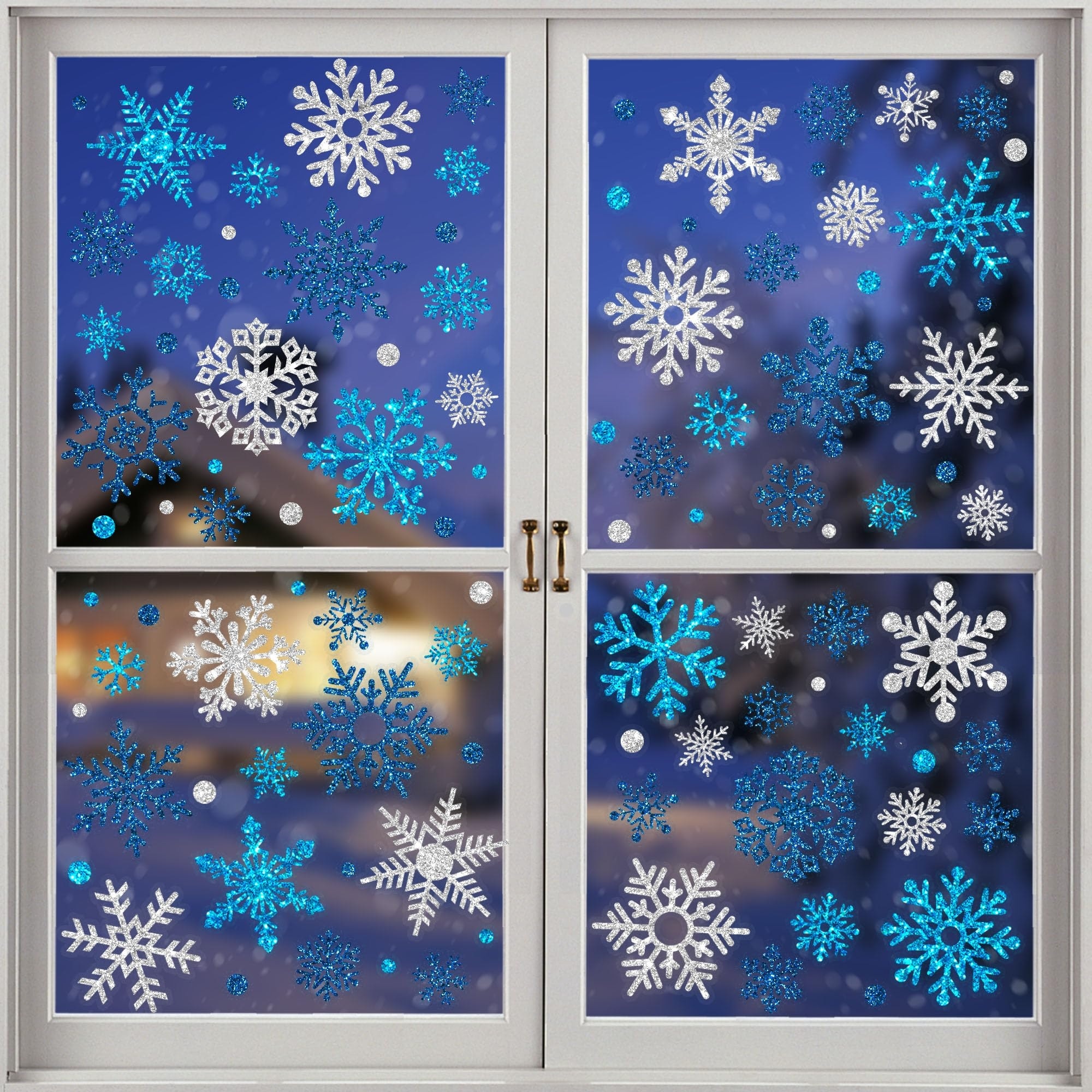 LAIFUCAM  9 Sheet Glitter Snowflake Window Clings Blue Silver Double Sided Christmas Window Decals for Winter Holiday Party Home Glass Decor