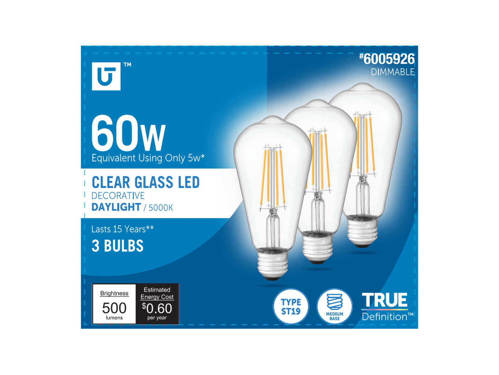Utilitech 3ST19DG5WCL50K3P Linear Grace 60 -Watt EQ ST19 Daylight E26 Dimmable LED General purpose Light Bulb 3 -Pack