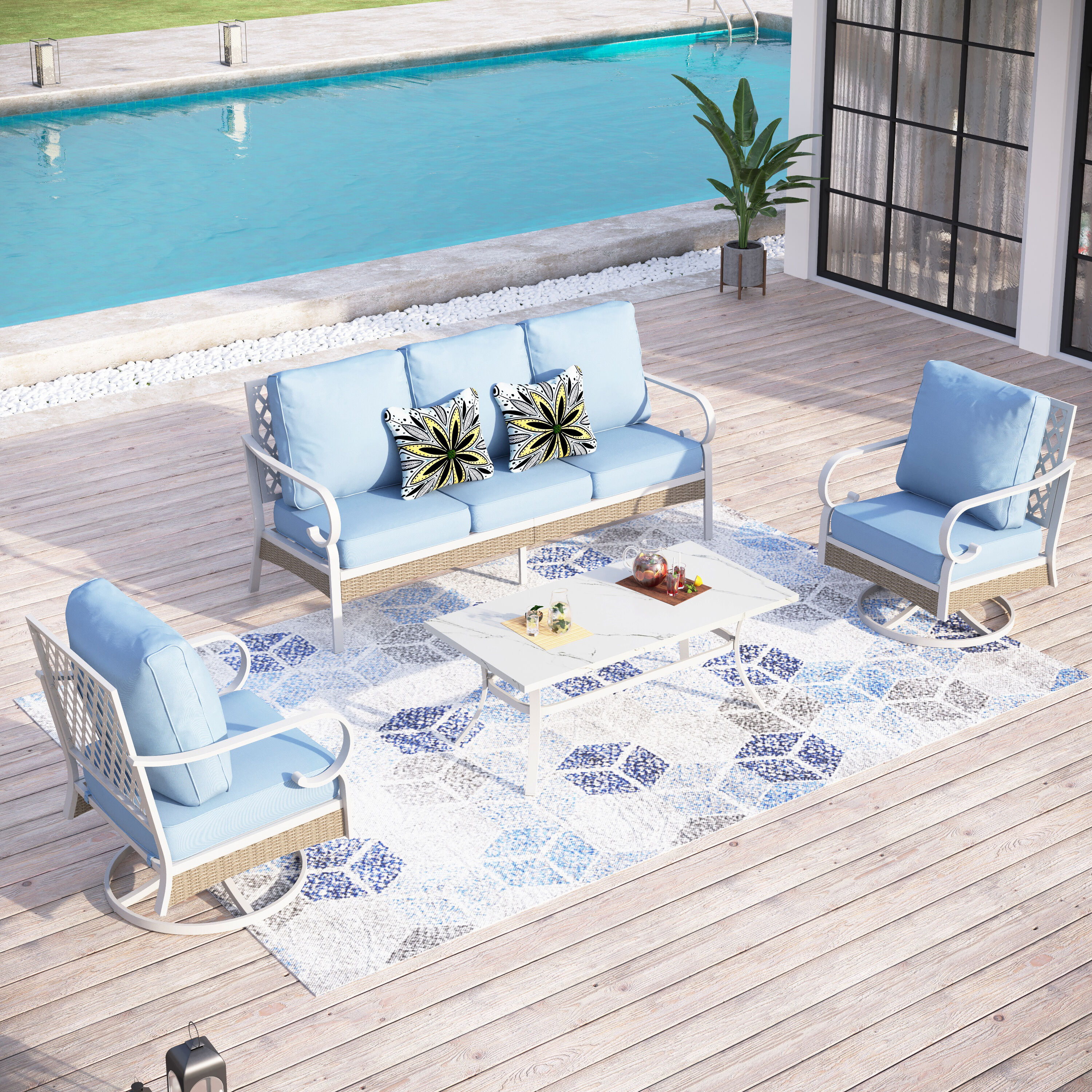 Sunshine Valley CP002-03-5-BL 4 -Piece Wicker Patio Sofa Conversation Set with Blue CUSHION PRO Cushions