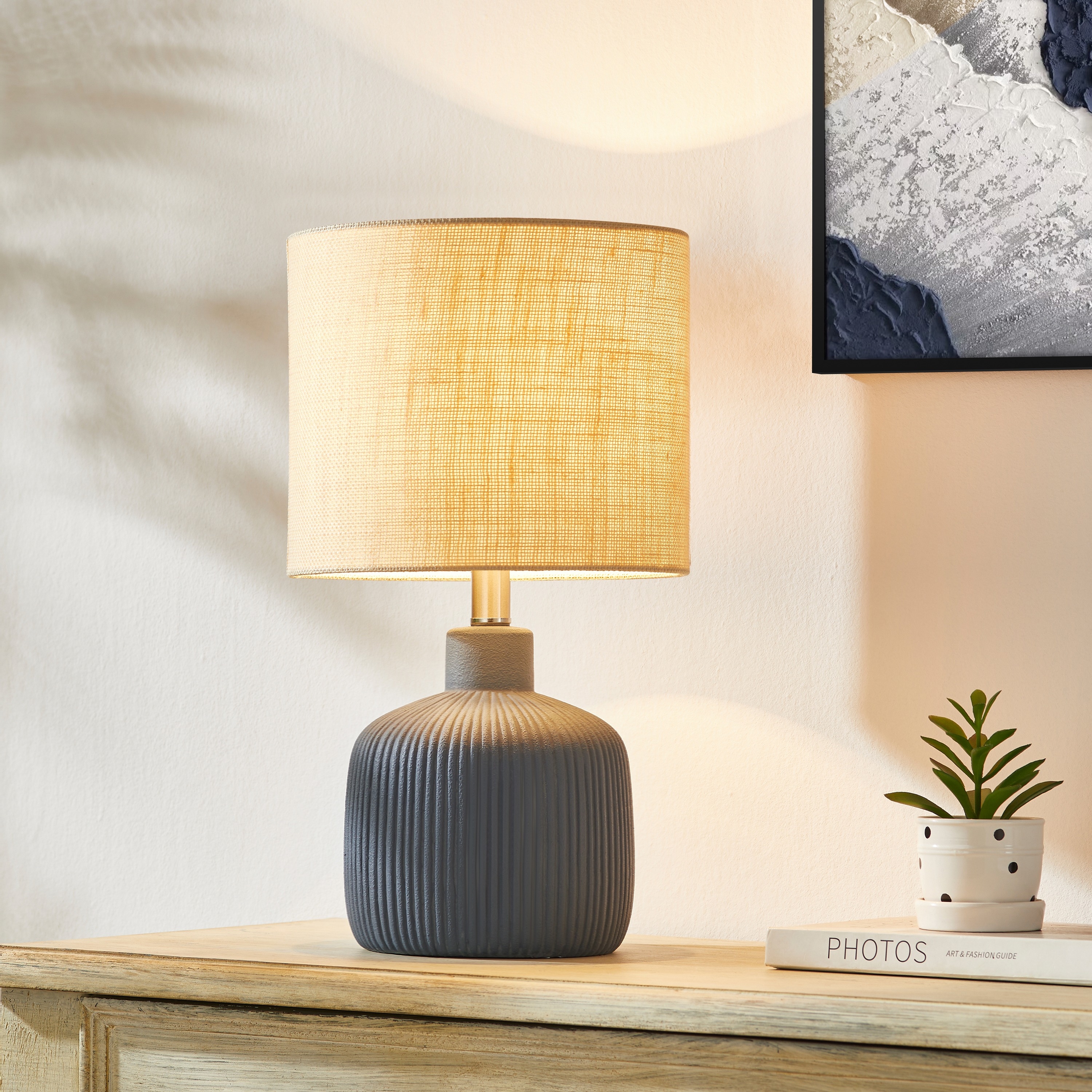 KAWOTI 21466 17.75-in Rustic Blue LED Rotary socket Table Lamp with Linen Shade