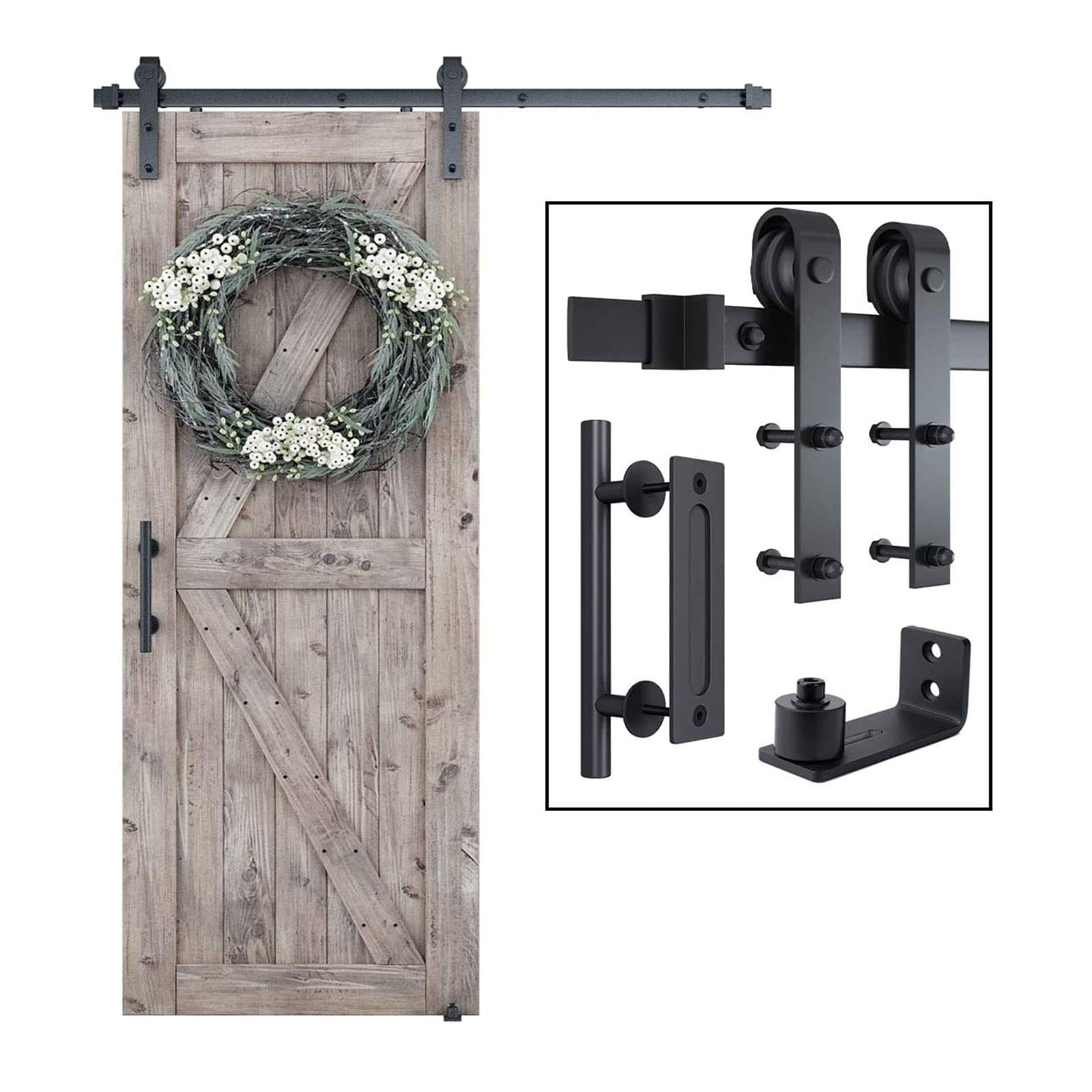 Phyfalip  5FT Sliding Barn Door Hardware Kit Track Pull Handle Floor Guide Black Alloy for 30 Inch Wide Door Panel Space Saving Smooth Quiet Easy