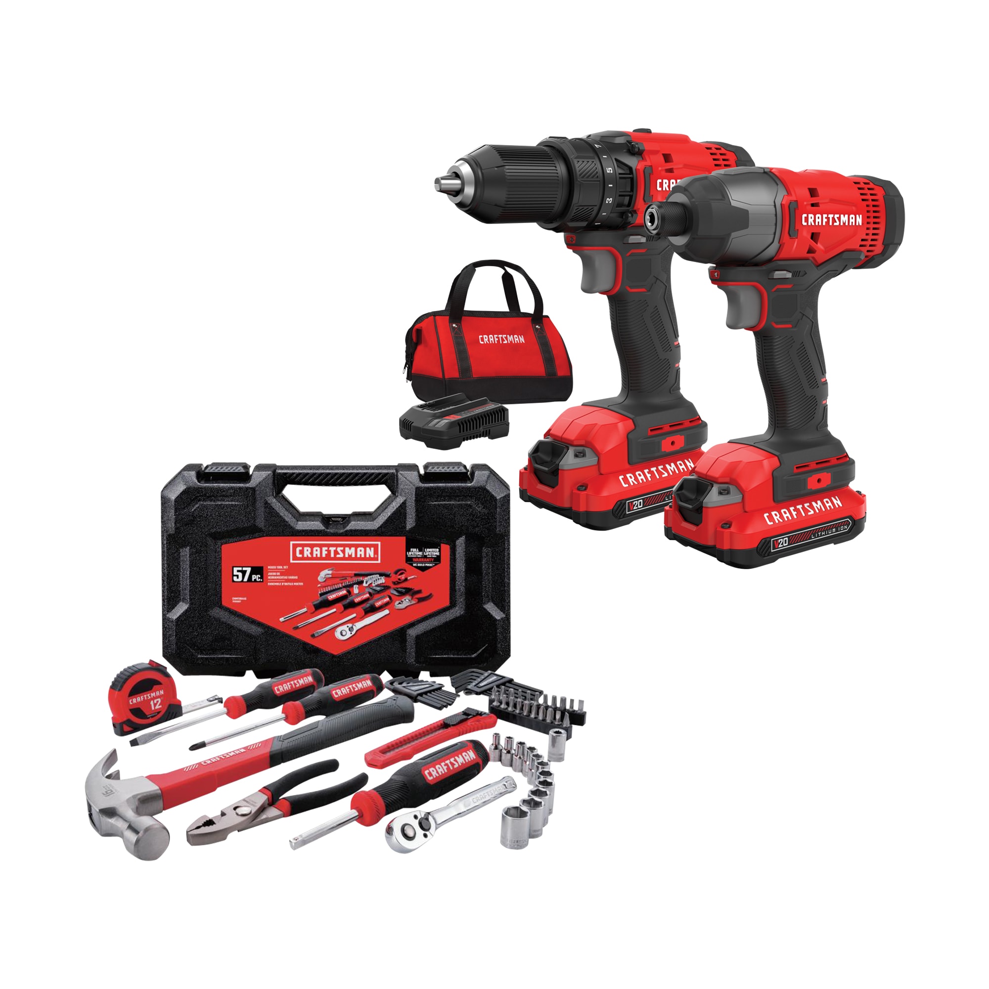 CRAFTSMAN V20* 2-Tool Power Tool Combo Kit with Soft Case (2-Batteries Included and Charger Included) & 57-Piece Household Tool Set with Hard Case