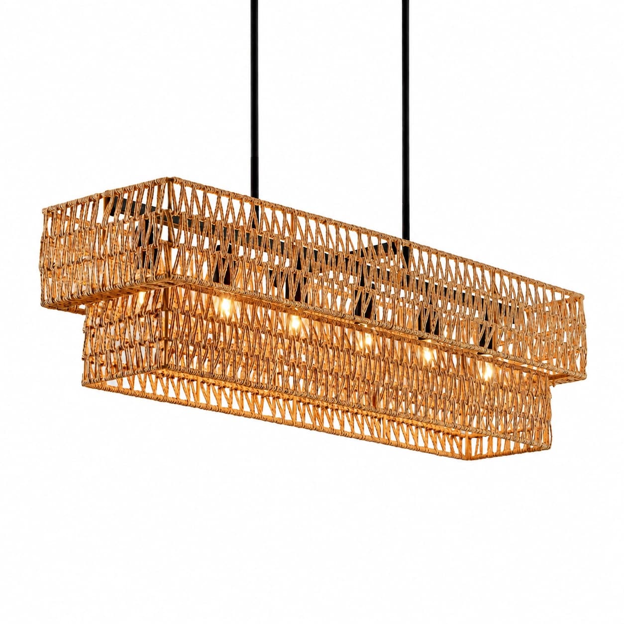 Aoibox  6 Light Black and Natural Rattan 33 5 in Linear Farmhouse Pendant Chandelier with Double Layer Shade