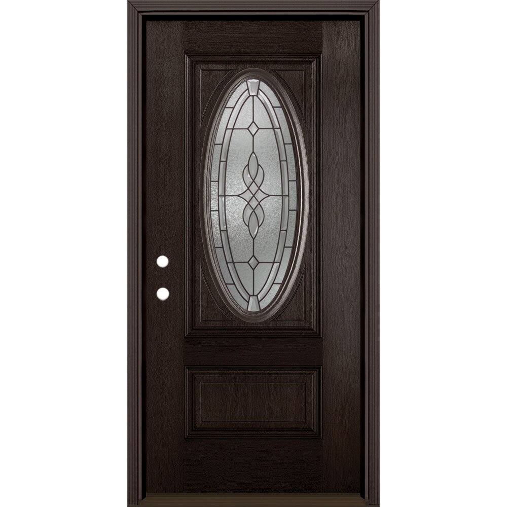 Masonite 1328210 Hampton 36-in x 80-in Fiberglass Oval Lite Right-Hand Inswing Walnut Stained Prehung Single Front Door with Brickmould Insulating Core