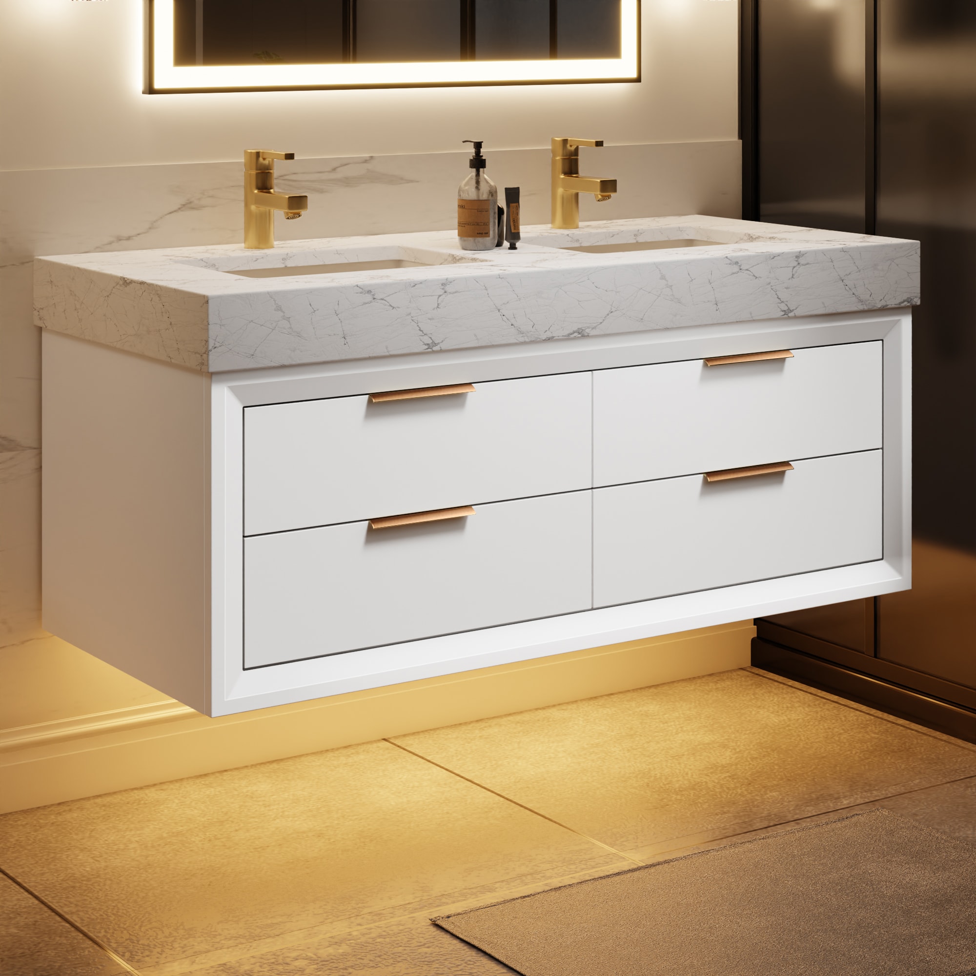 ExBrite XB4821V10DWH 48-in White Undermount Double Sink Floating Bathroom Vanity with White Engineered Stone Top