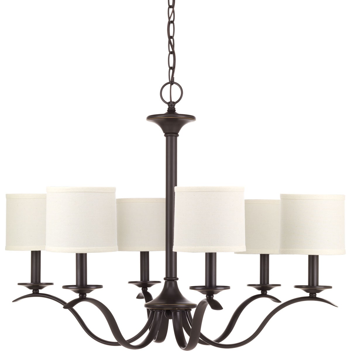 Antique Bronze 6-Light Chandelier with Off-White Linen Shades