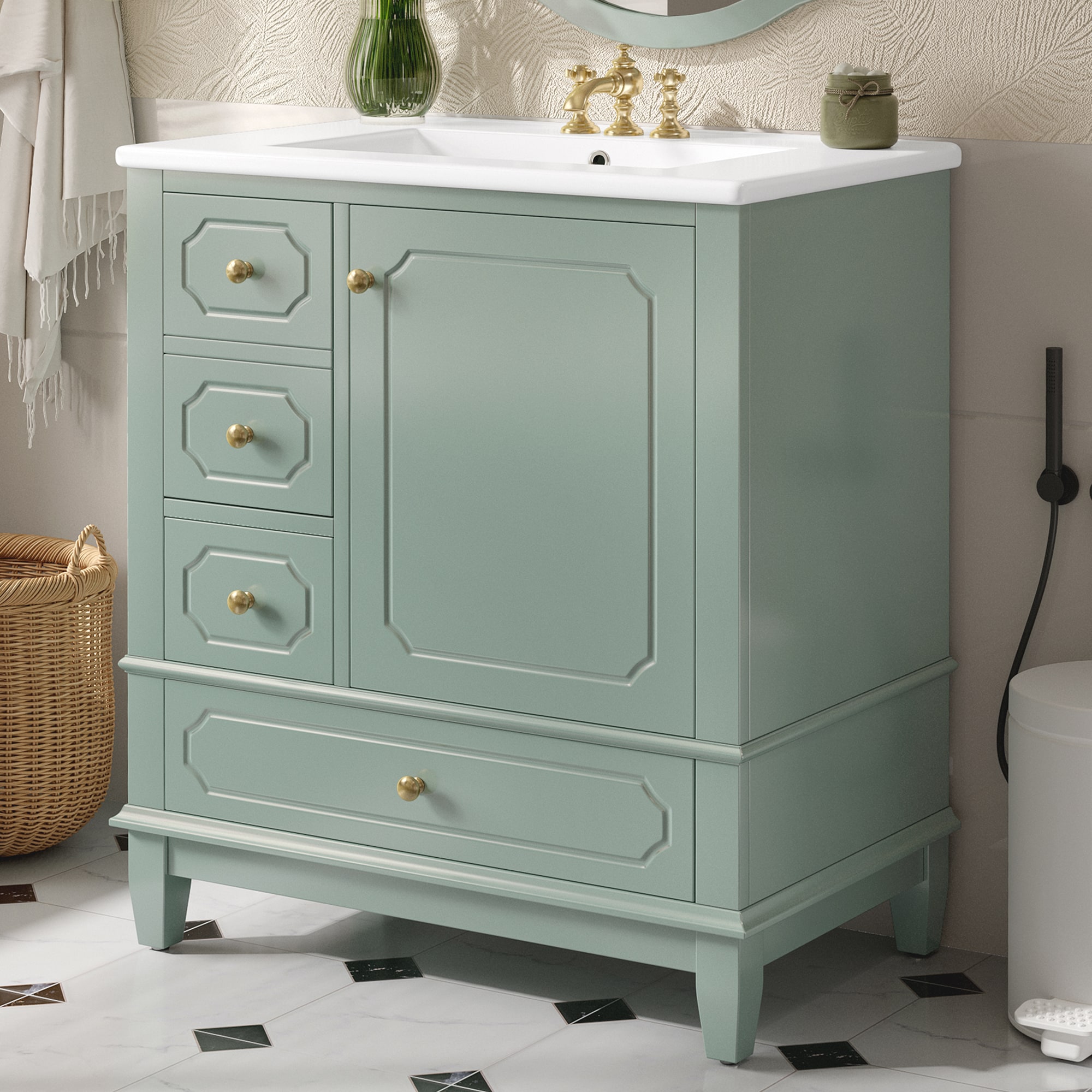 GDFStudio 30 Inches Freestanding Wood Bathroom Vanity Cabinet with Ceramic Sink and Soft Close Door and 3 Drawers Green