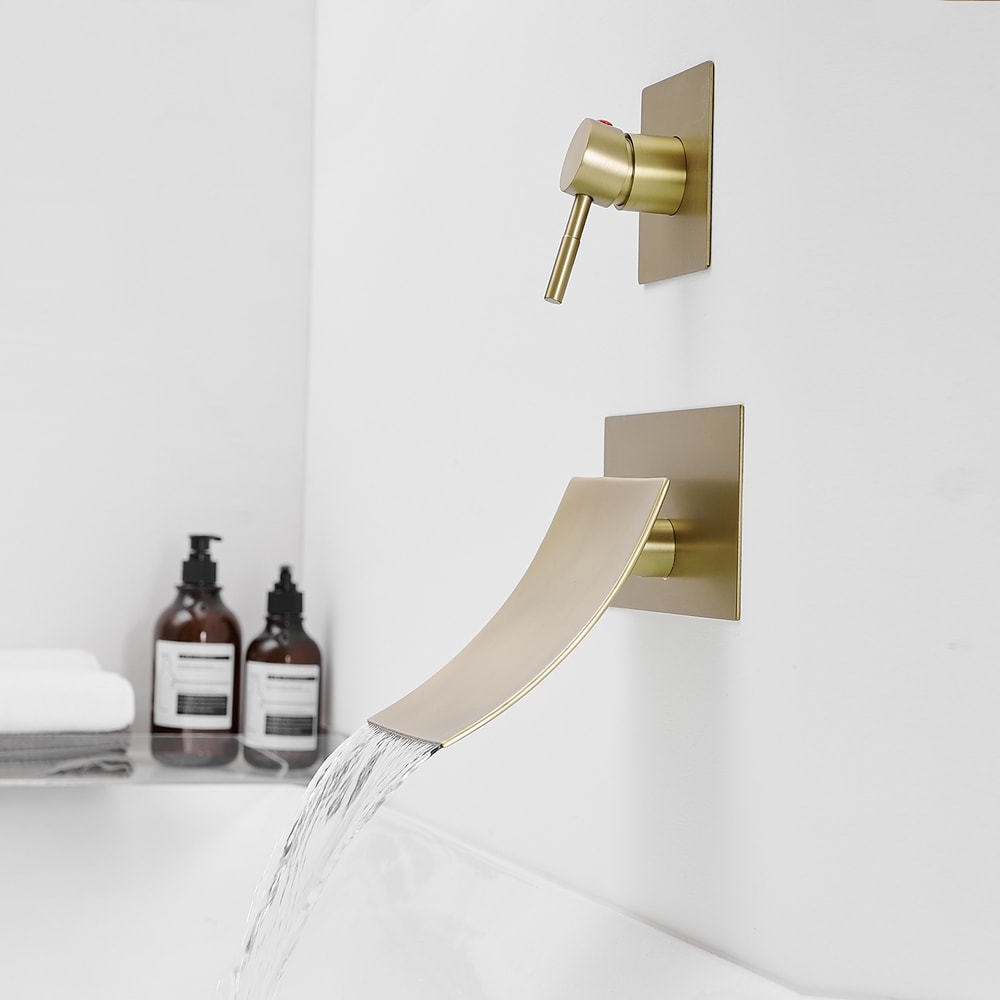 BWE Brushed Gold 1-handle Wall-mount Waterfall Bathtub Faucet (Valve ...