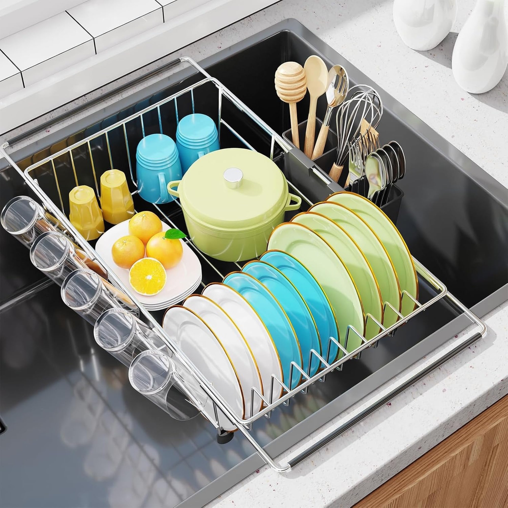 Numhew 10.5in D 14.25in to 25.7in W 4.5in H 10-Plate Adjustable Silver Expandable Dish Drying Rack with Utensil Holder #NHBEN45181
