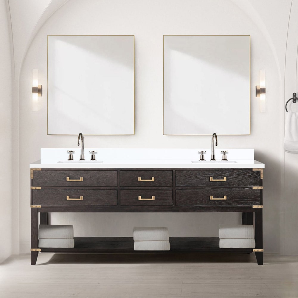 Lexora LVGR80DK211 Greenberg 80-in Brown Oak Undermount Double Sink Bathroom Vanity with White Quartz Top (Mirror and Faucet Included)