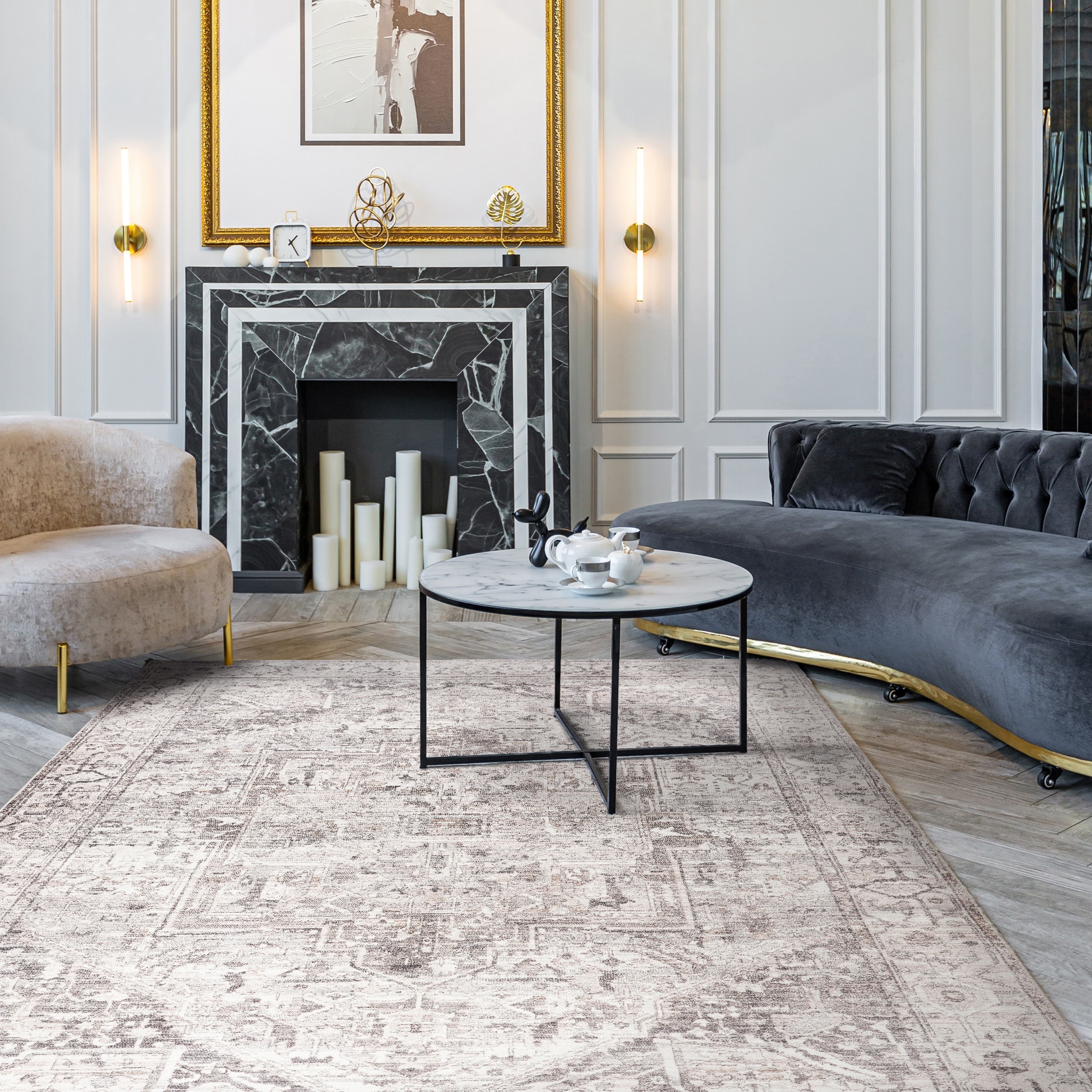 nuLOOM 200BIVL16A-609 Vita SplashGuard Vintage Medallion Machine Washable 6ft. x 9ft. Grey Area Rug