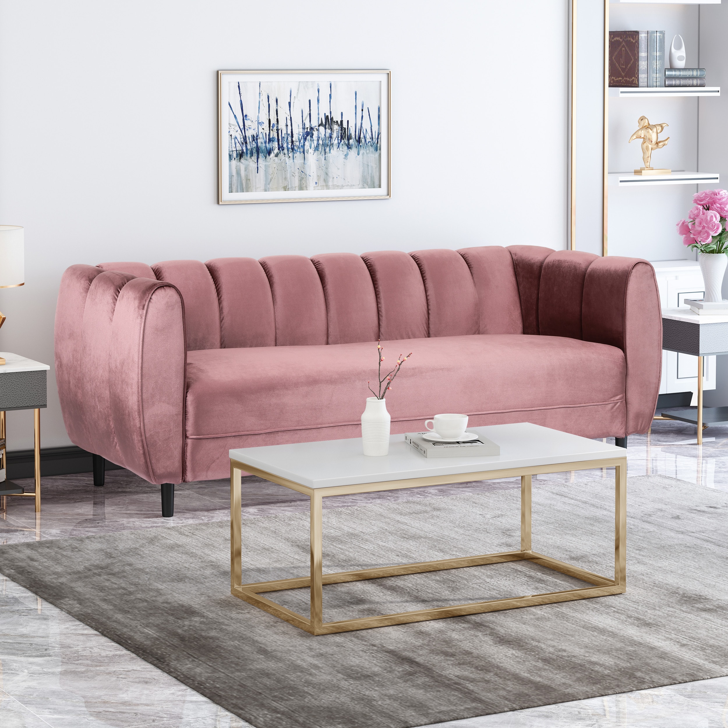 Best Selling Home Decor 83.25-in W Casual pink Velvet Sofa