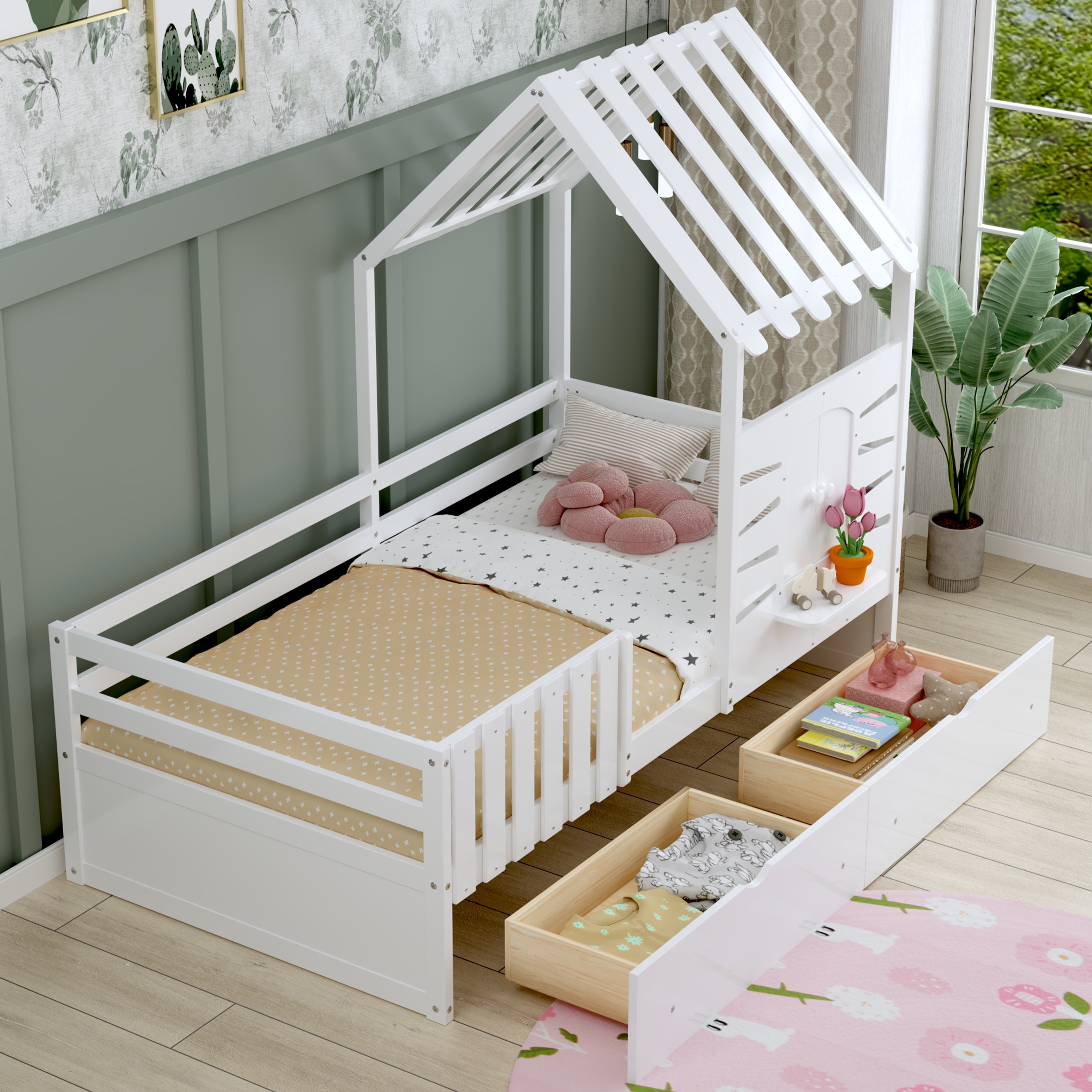ModernLuxe N733S282135K Twin Bed Frames for KidsTwin Size House Bed With 2 Storage Drawers and GuardrailsPlayhouse Bed With Roof and WindowWooden Bed for Girls  BoysNo Box Spring NeededWhite