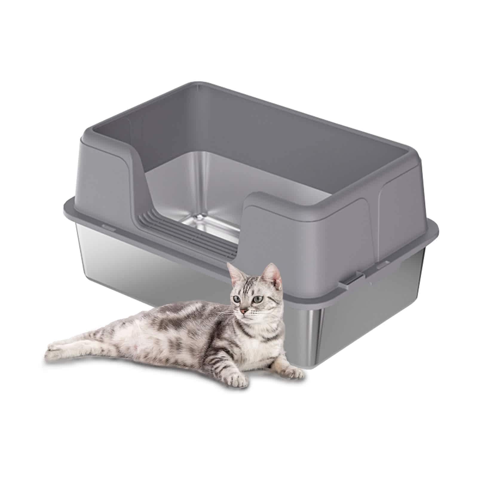 Qeetex NL-PPS-335CVQVM Grey L 1 Set Stainless Steel Open Cat Litter Box with High Walls Anti Splash Deep Semi Enclosed Tray
