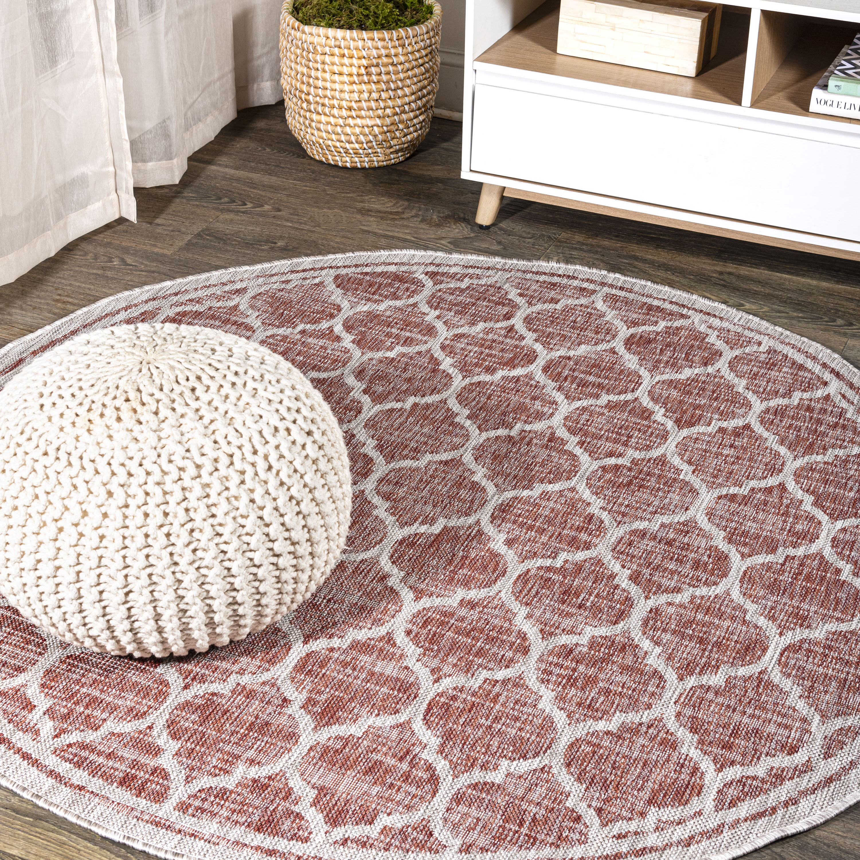 JONATHAN  Y SMB109C-3R Santa Monica Trebol Filigree Textured Weave 3 x 3 (ft) Loomed Polypropylene Red/Beige Round Indoor/Outdoor Tribal Rustic Area rug