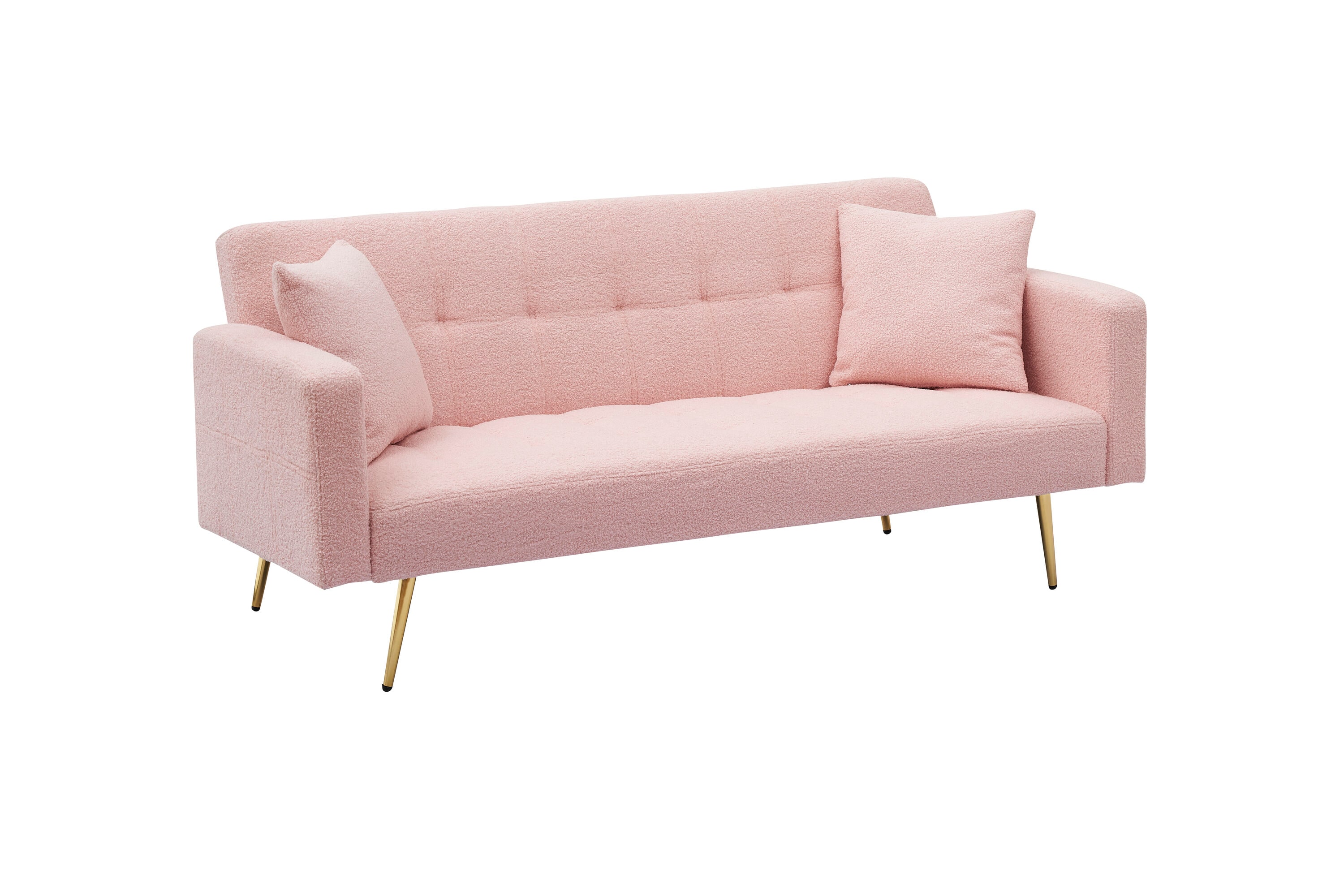 71 Inch Pink Teddy Fleece Sofa Bed with Two Complimentary Throw Pillows
