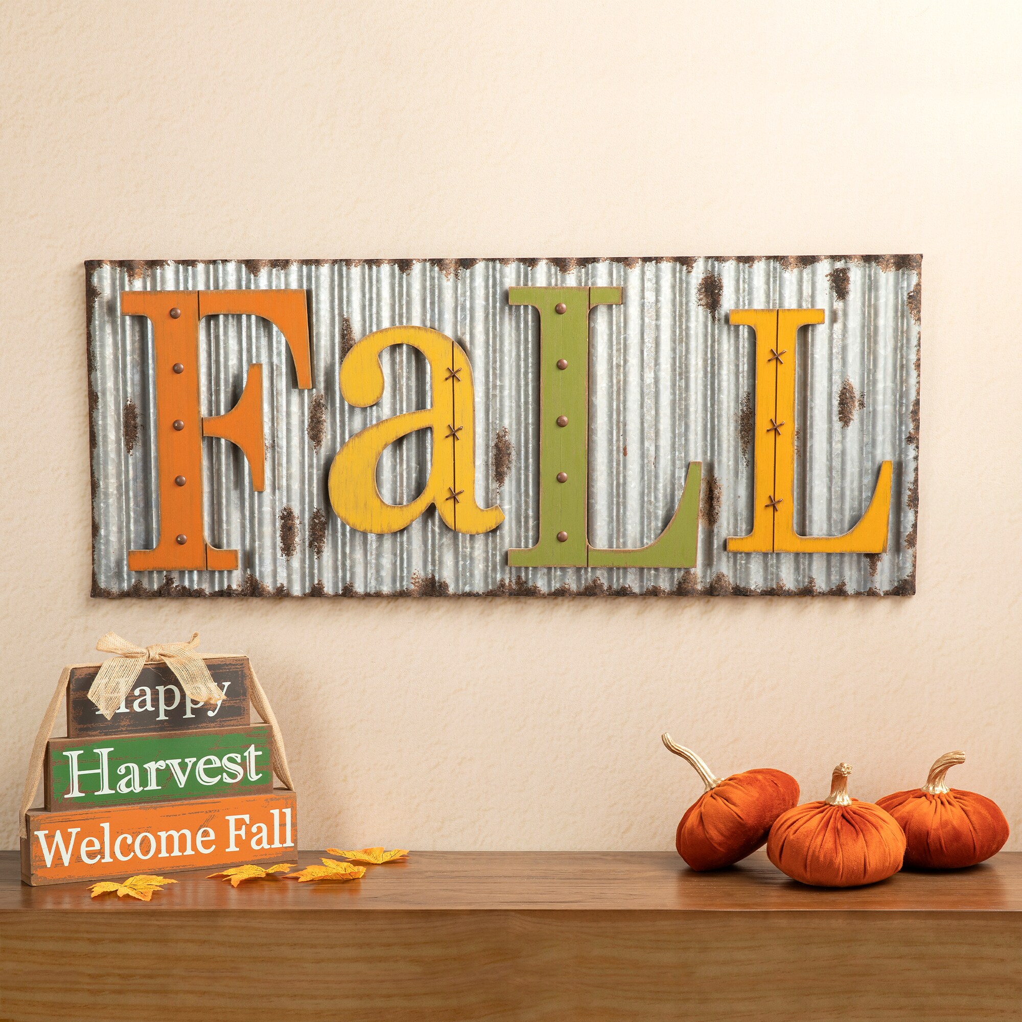 Glitzhome Metal Corrugated Fall Hanging Decoration, 36-inch Rustic Wood ...