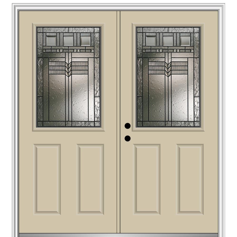 MMI DOOR ZZ3665130R 68-in x 80-in x 6-9/16-in Fiberglass Half lite Right-hand inswing Wicker Painted Prehung Double Front Door with Brickmould Insulating core